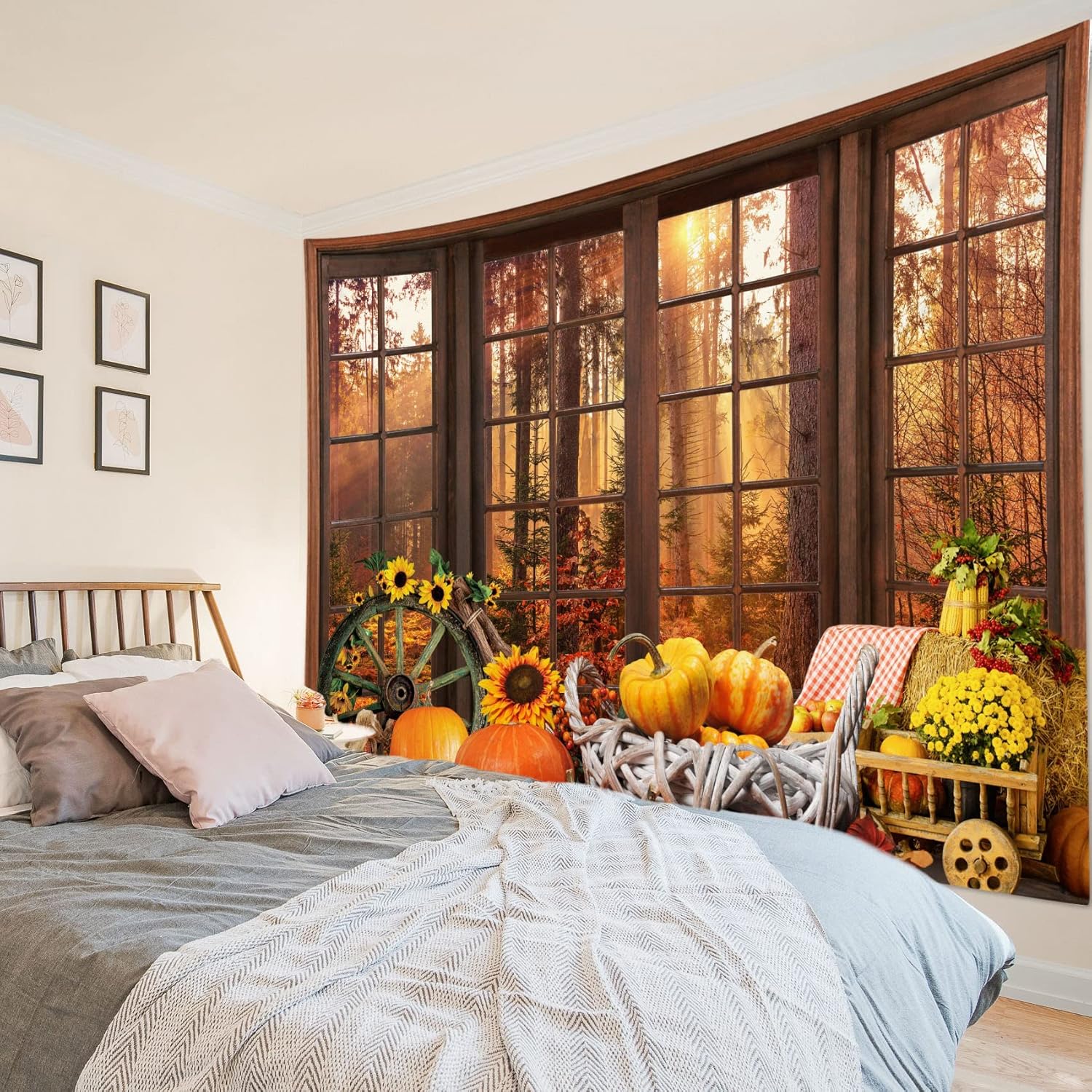 HVEST Tapiz de otoño con árbol de arce, bosque, paisaje exterior, ventana, para dormitorio, girasol, calabaza, Acción de Gracias, tapiz de pared