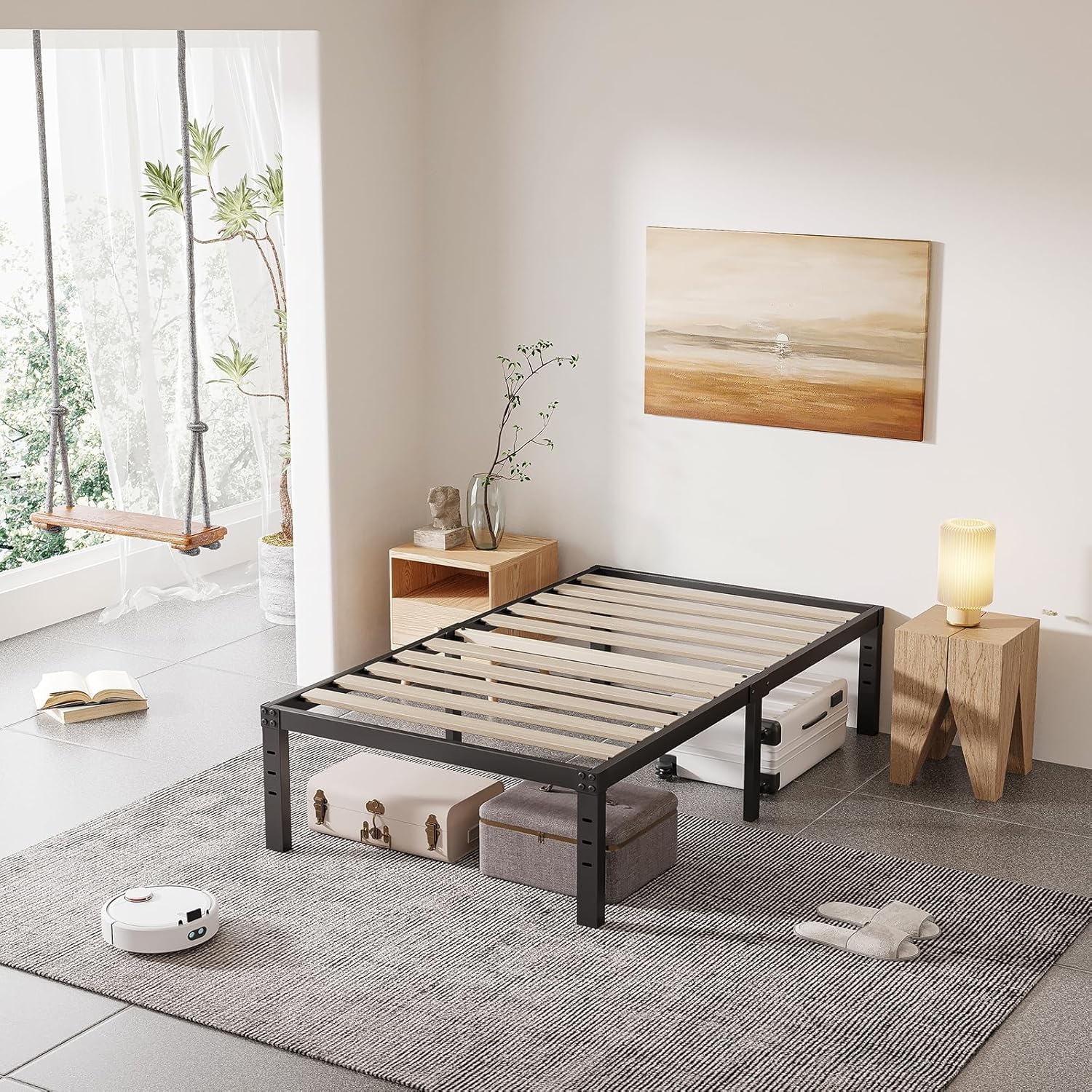 Cleaniago Marco de cama de tamaño individual, soporte de listones de madera, 16 pulgadas de alto, resistente soporte de 3500 libras para colchón, no