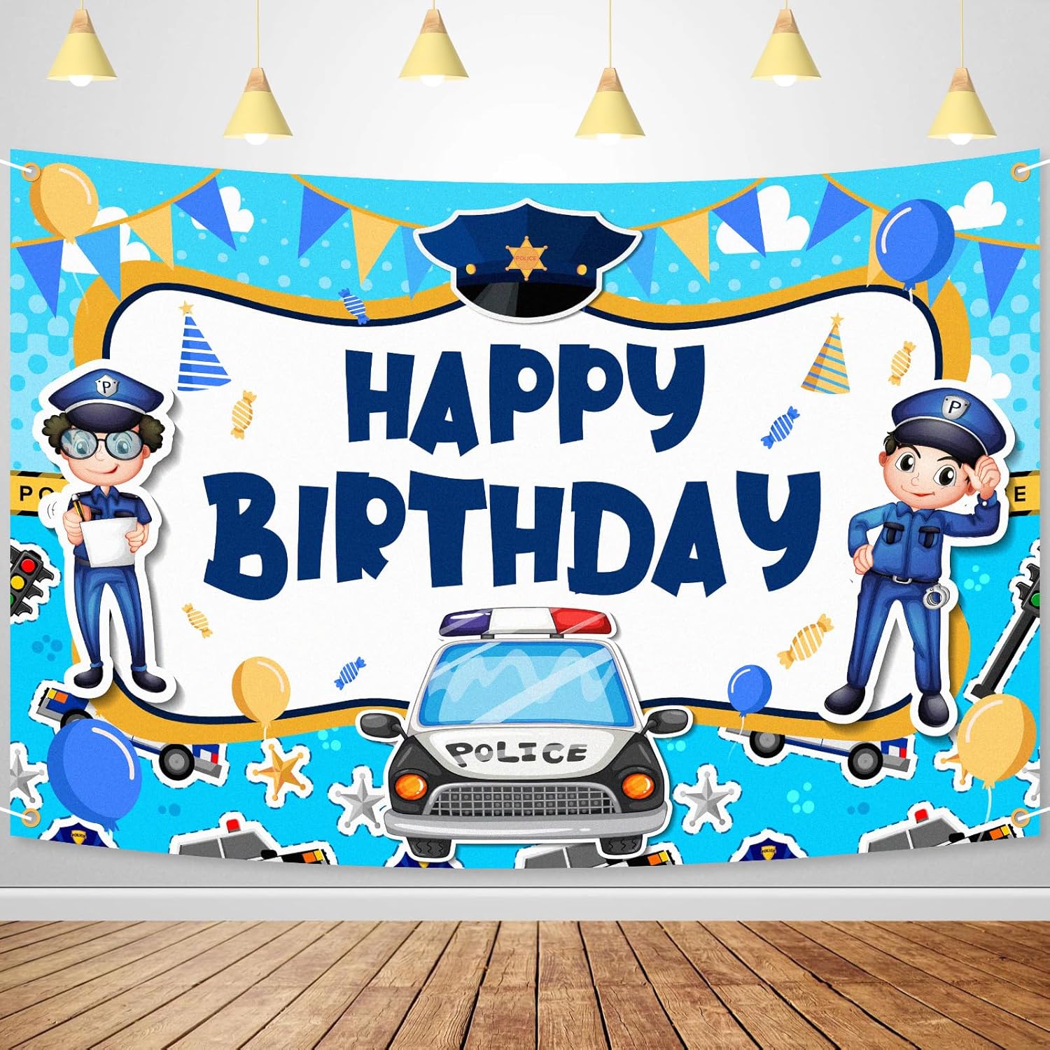 Cartel de fondo de policía con texto en inglés Happy Birthday de policía azul, para decoración de fiestas temáticas de cumpleaños, suministros de