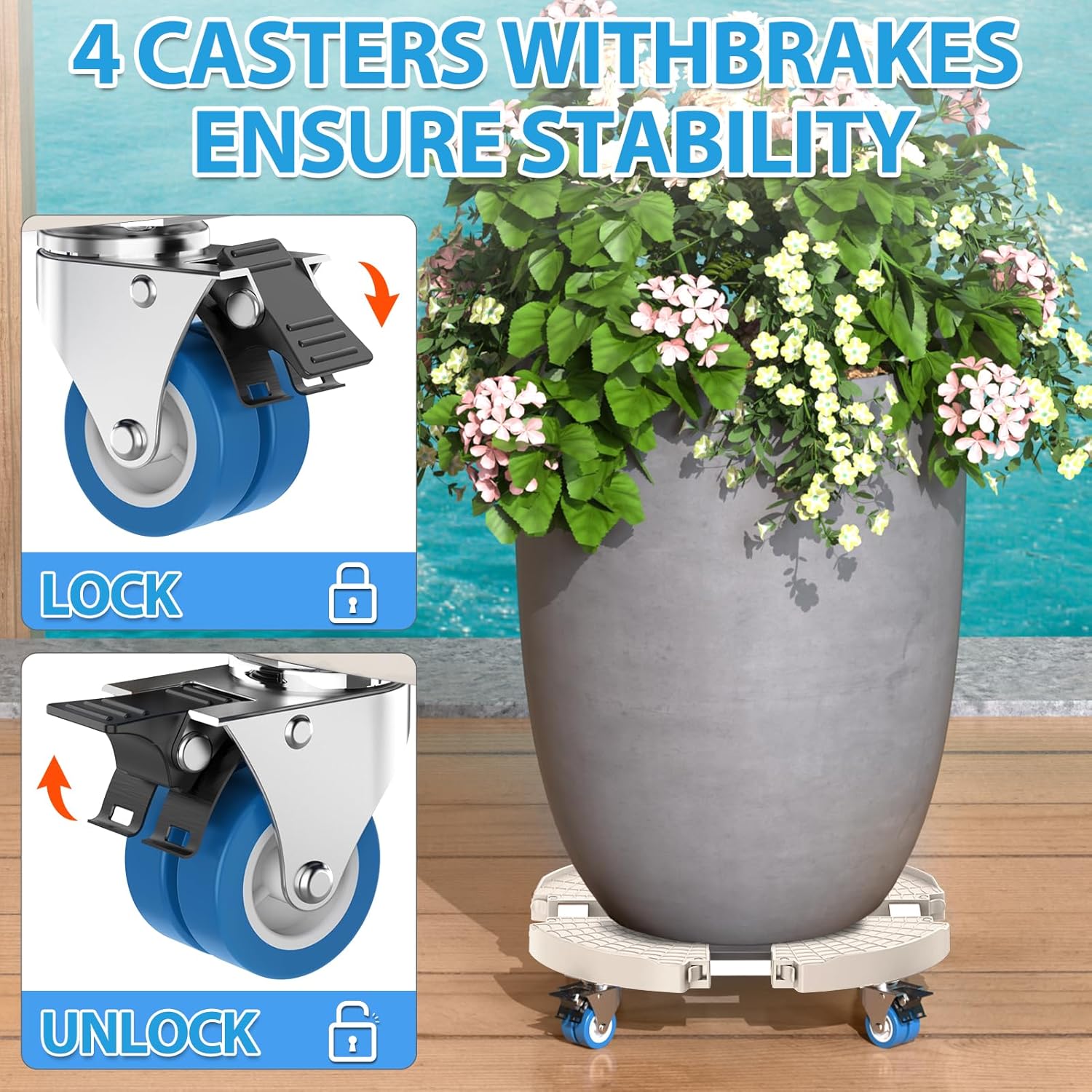 Organizador de plantas con ruedas, capacidad de 440 libras, soporte ajustable para plantas de 15 a 22 pulgadas, carrito grande para plantas con