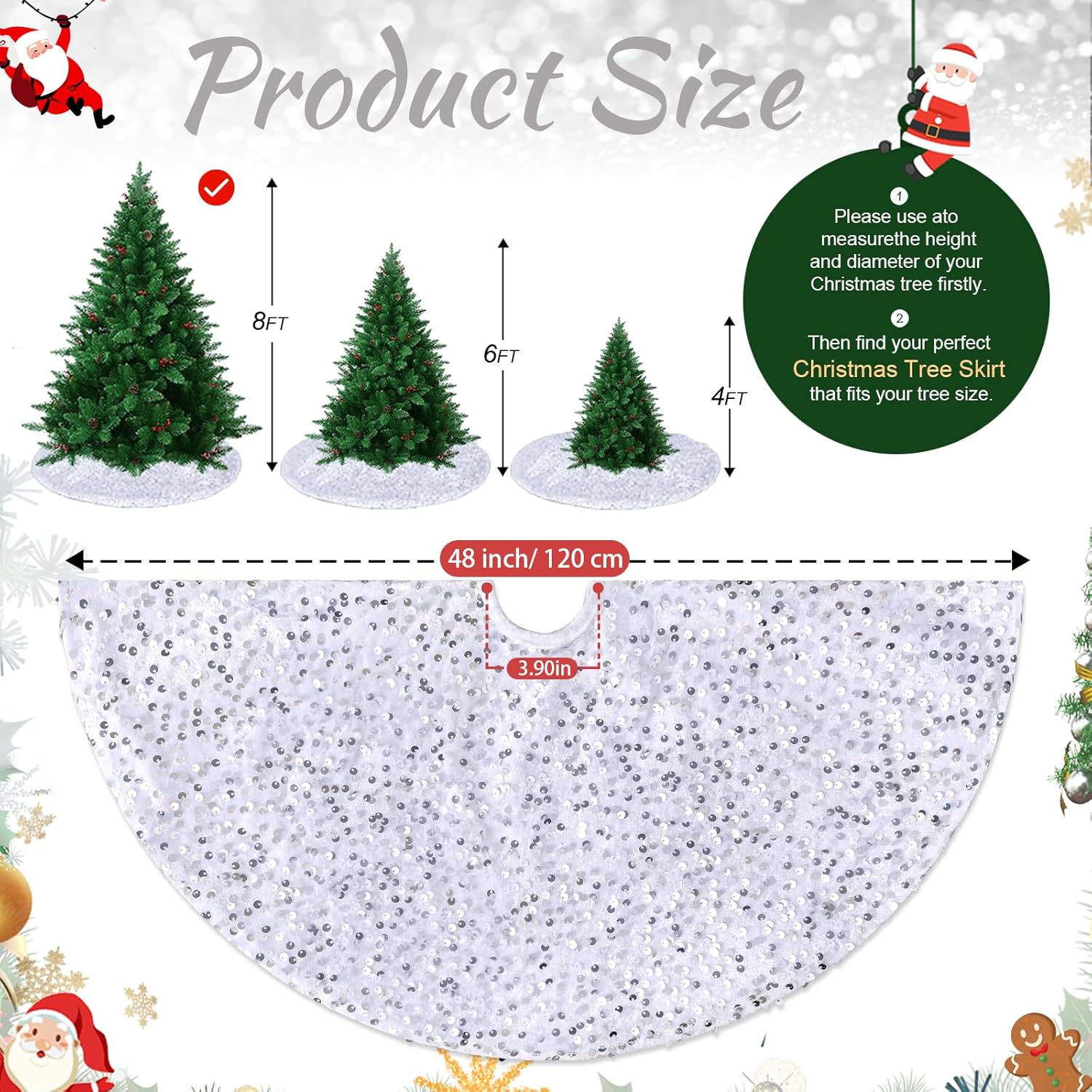 Falda de árbol de 48 pulgadas, falda de árbol de Navidad blanca plateada, falda grande de lentejuelas para árbol de Navidad de terciopelo para árbol