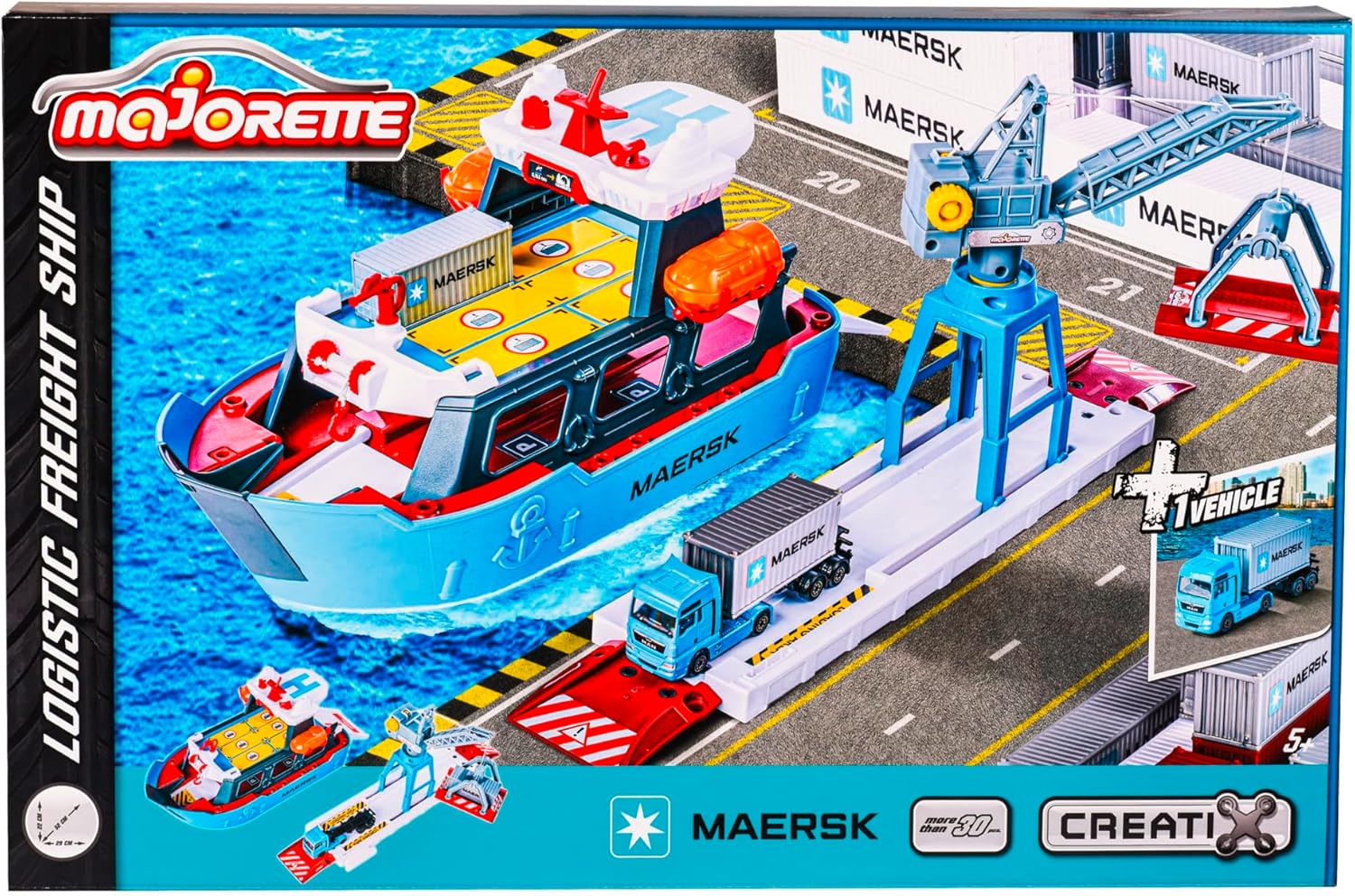 Majorette – Creatix Toy Port with Container Ship – Maersk Logistics Port Station (45 x 29 x 24 cm) with Cargo Ship, Moving Crane and Man Truck with