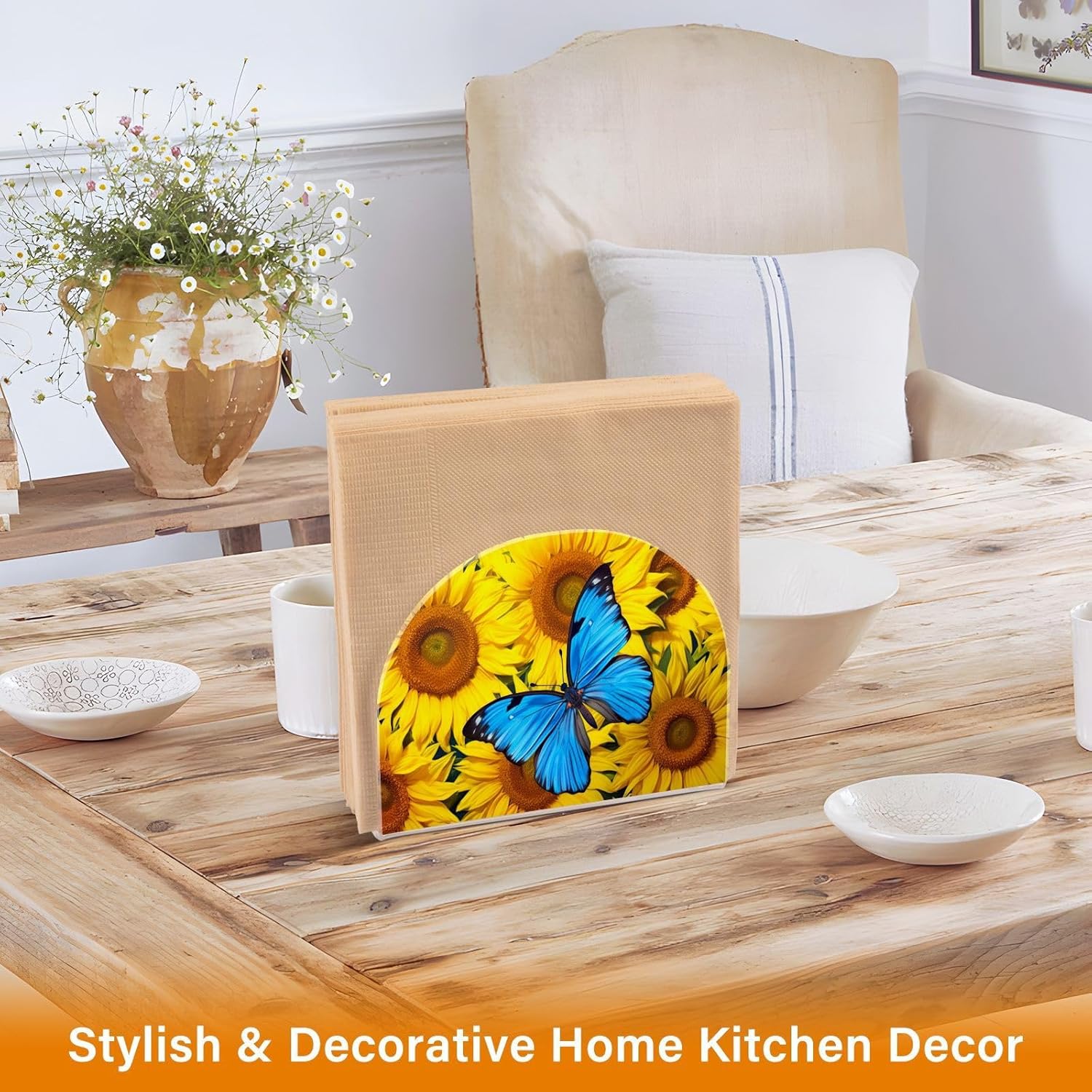Sunflower and Butterfly Acrylic Napkin Holder Clear Crystal Tissue Paper Dispenser for Table, Kitchen Countertop, Restaurant, Decor
