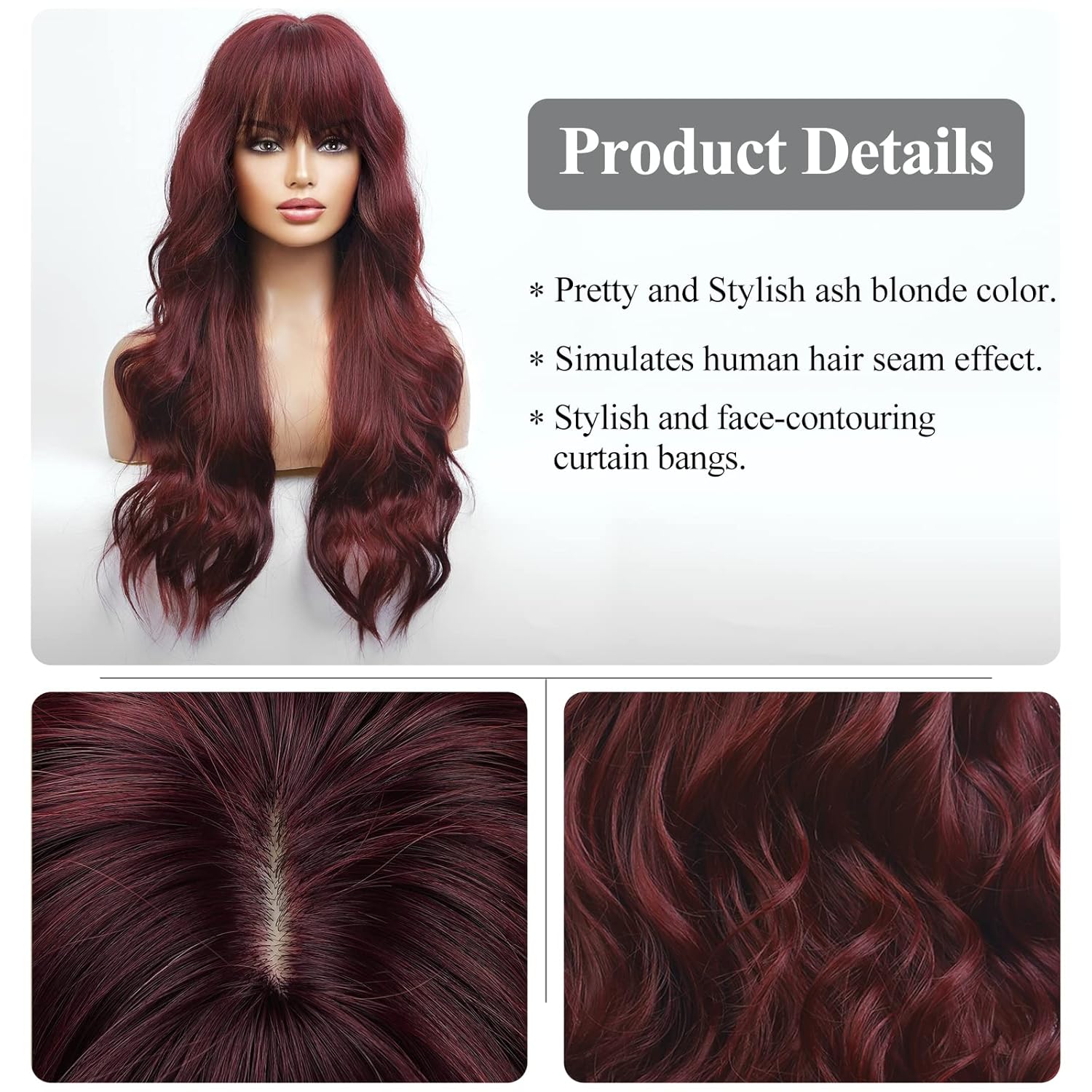 HAIRCBE – Peluca larga roja con flequillo, pelucas rizadas burdeos para mujer, peluca sintética resistente al calor, para uso diario