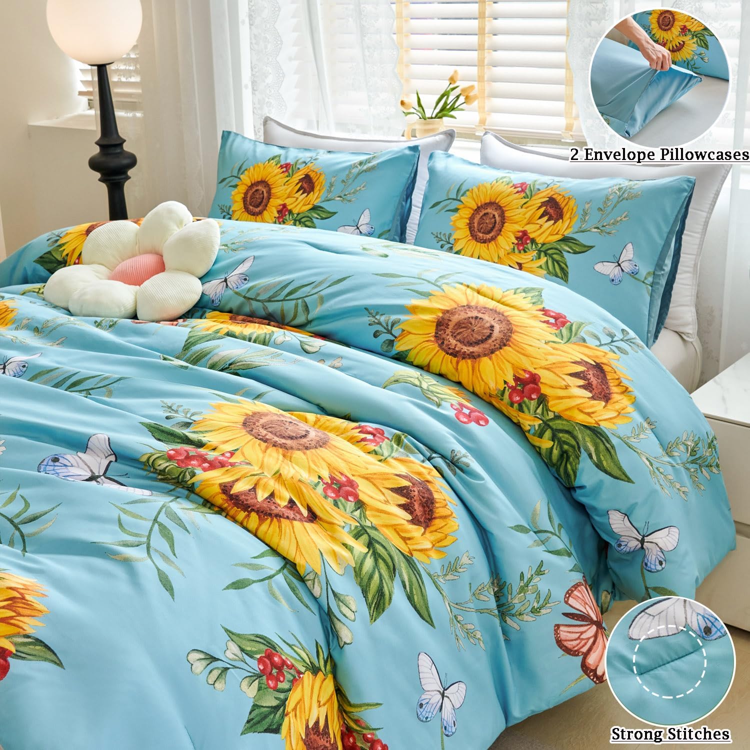 Juego de edredón de girasol azul con mariposa, juego de ropa de cama floral amarillo de 3 piezas, juego de ropa de cama tamaño Queen de granja,