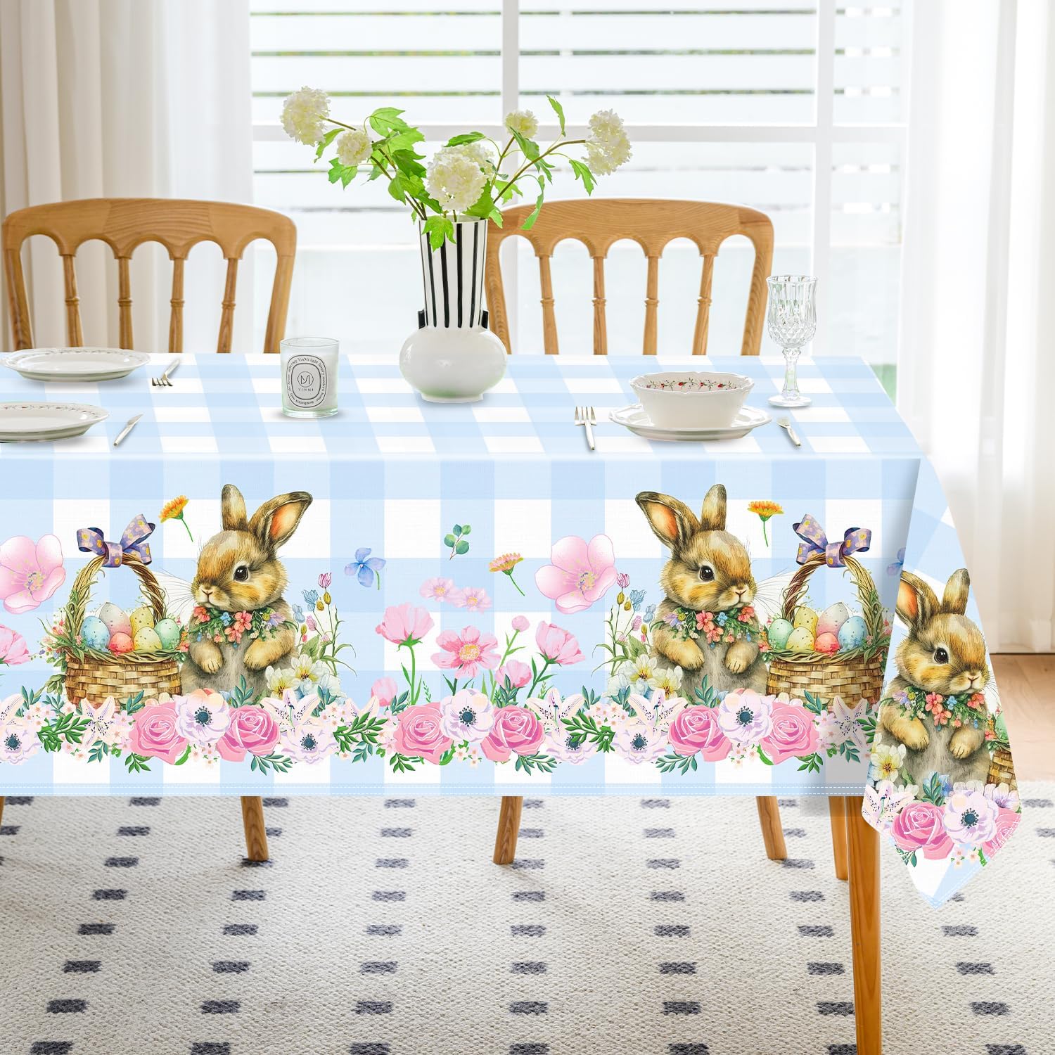 Romanstile Mantel rectangular de primavera de Pascua, diseño a cuadros, diseño de conejo y huevos de búfalo, resistente a las manchas, para cenas,