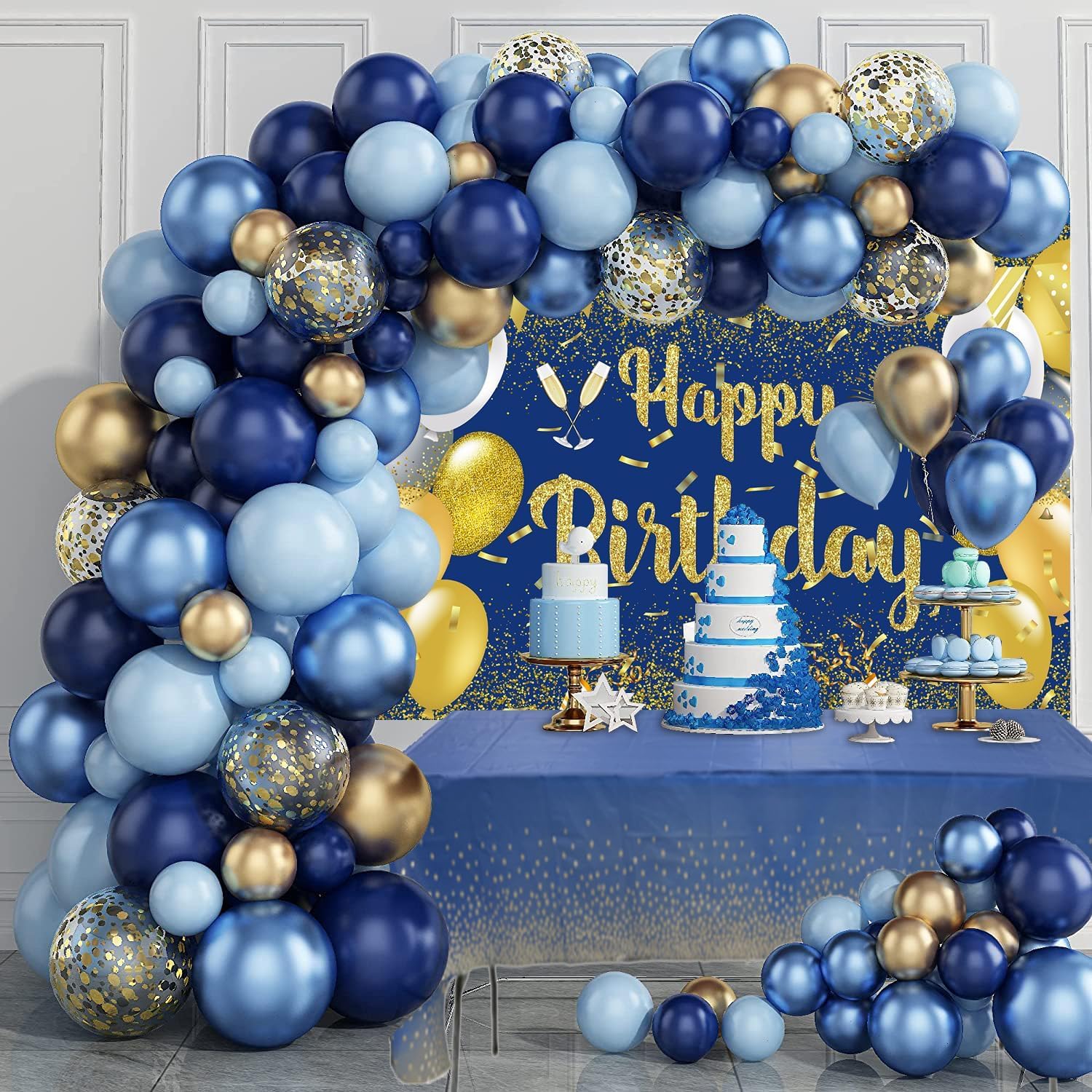Juego de mantel de fondo de feliz cumpleaños azul dorado con texto en inglés Happy Birthday para decoración de regalo, 7 x 5 pies y mantel de fiesta