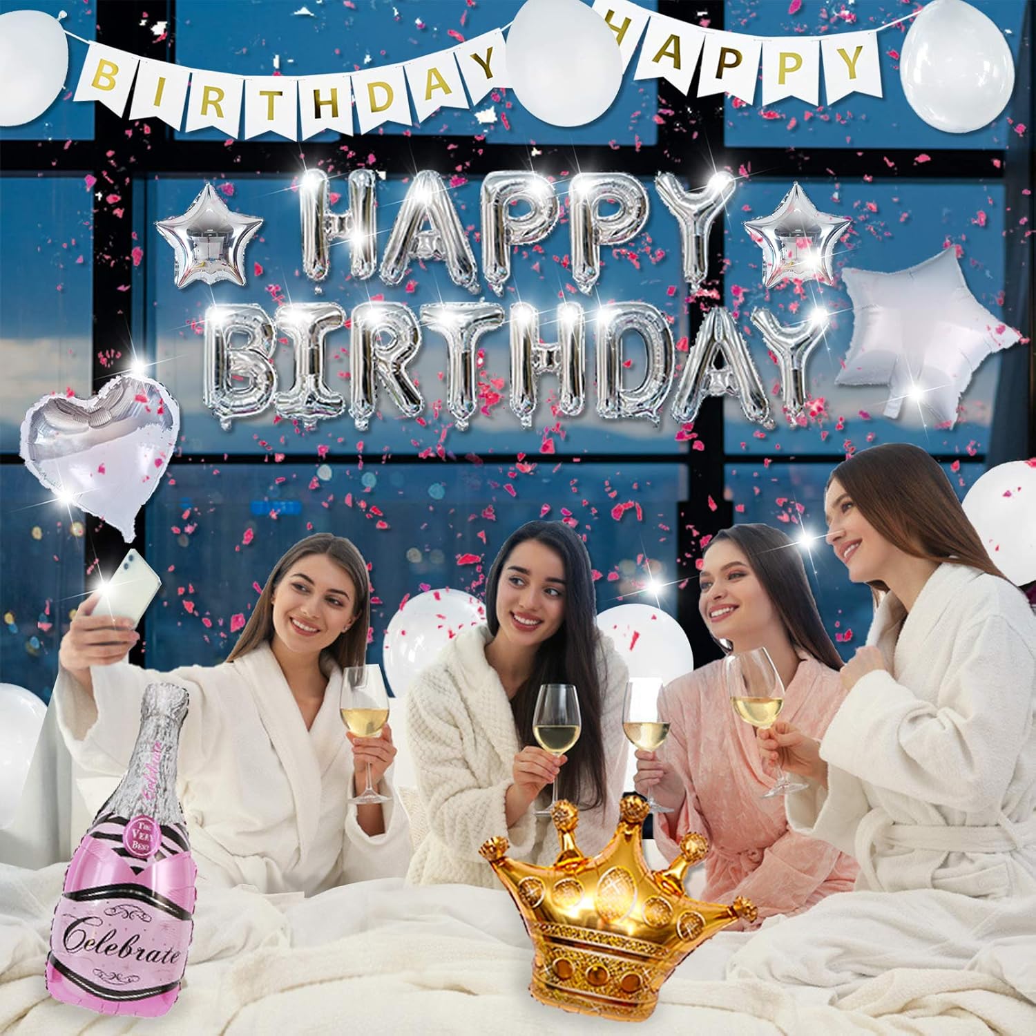 GoGoGoodie Decoraciones de fiesta de cumpleaños de color plateado y blanco para mujeres, kit de decoración de fiesta favorito de niñas adultas,