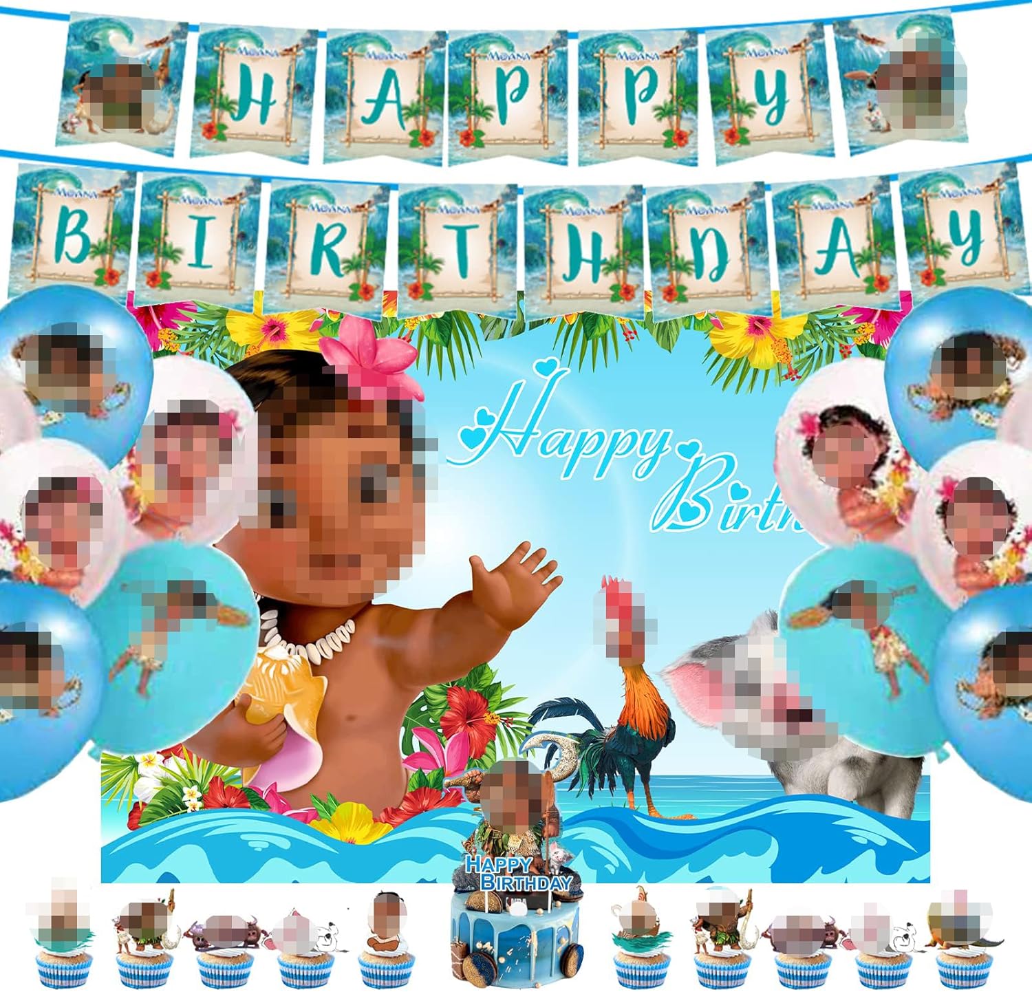 45 piezas de suministros de fiesta temática de verano con dibujos animados, incluye telón de fondo, pancarta, globos, adornos para tartas