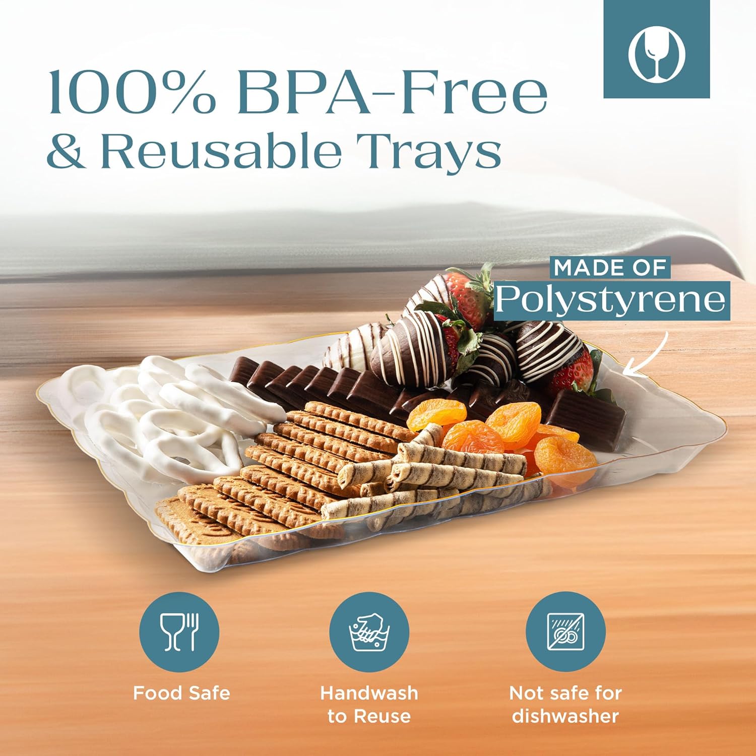 Posh Setting – Bandejas de plástico para servir alimentos, bandejas transparentes y doradas para fiestas, bandejas de plástico para servir, platos