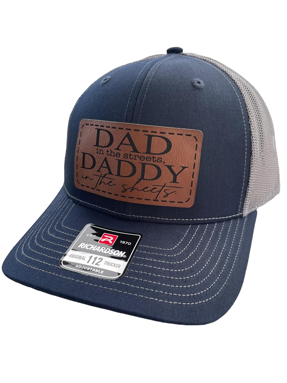 Dad In The Streets Daddy In The Sheets Hat Mens Funny Dad Baseball Cap (NavyCharcoal with Rawhide Patch)