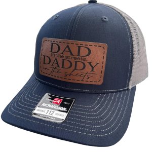 Dad In The Streets Daddy In The Sheets Hat Mens Funny Dad Baseball Cap (NavyCharcoal with Rawhide Patch) Dad In The Streets Daddy In The Sheets Hat Mens Funny Dad Baseball Cap (NavyCharcoal with Rawhide Patch)