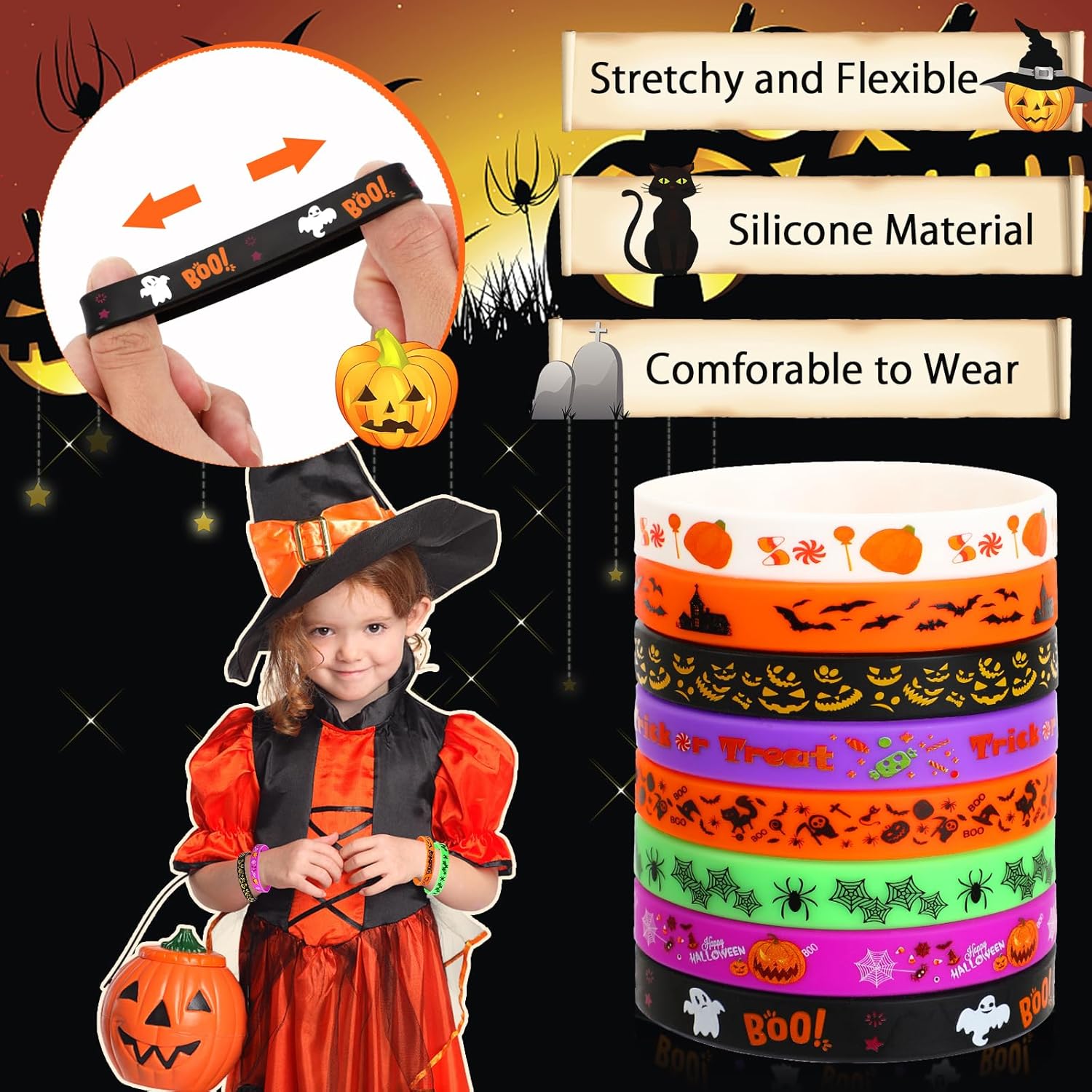 JUNEBRUSHS 64 pulseras de silicona para fiestas de Halloween, pulseras de goma para fiesta de Halloween, dulce o truco, relleno de bolsas de regalo,