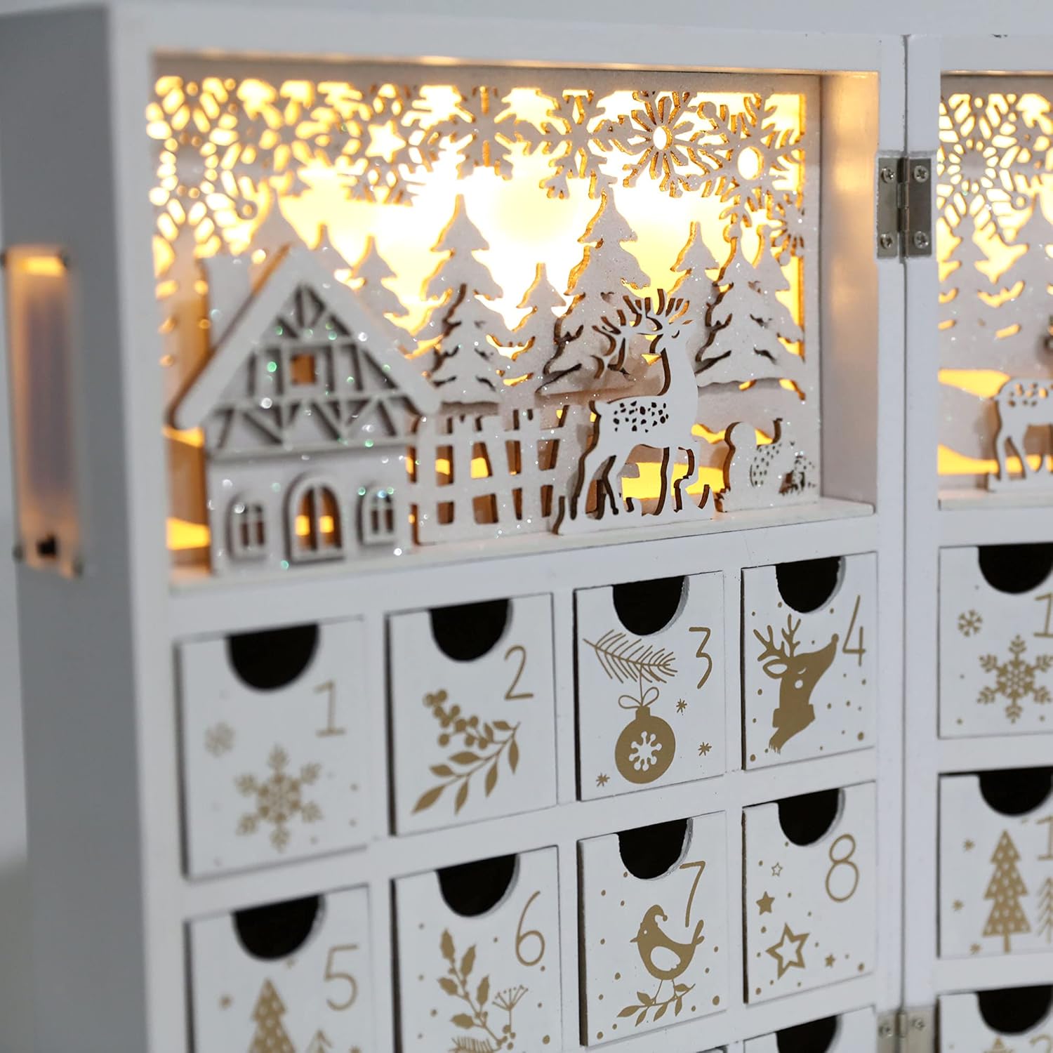 PIONEER-EFFORT Calendario de Adviento de madera de Navidad con LED, blanco y dorado, cuenta regresiva de renos de Navidad, regalos de vacaciones con