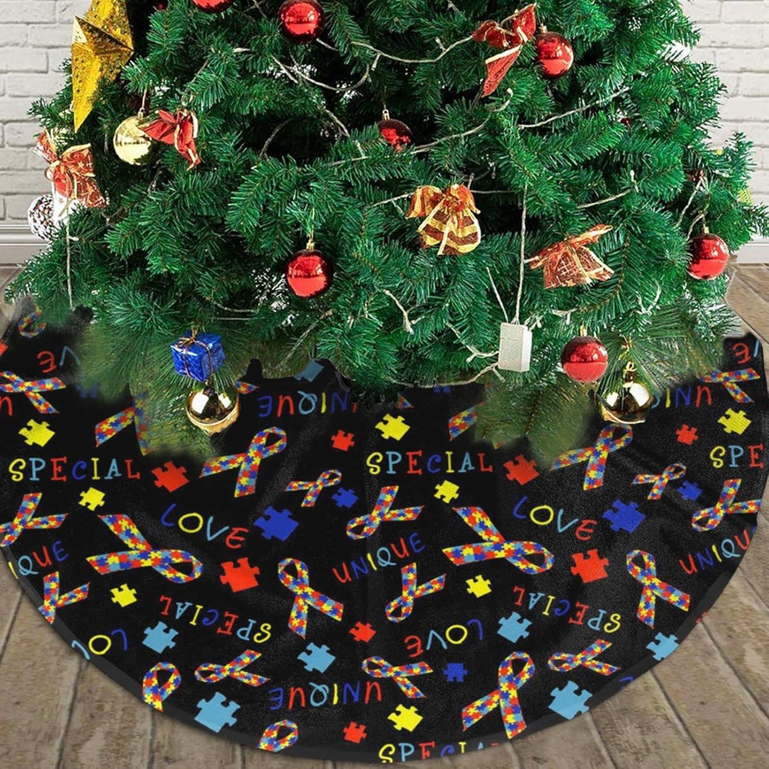 Falda de árbol de Navidad con diseño de rompecabezas, adorno para fiesta de conciencia sobre el autismo, decoración del hogar, fiesta de