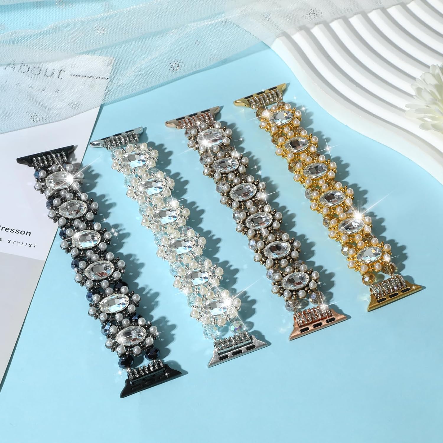 Pulsera de cuentas compatible con Apple Watch Band de 1.49, 1.57, 1.61, 1.65, 1.73, 1.77 y 1.73 pulgadas, correa duradera de metal con diamantes de