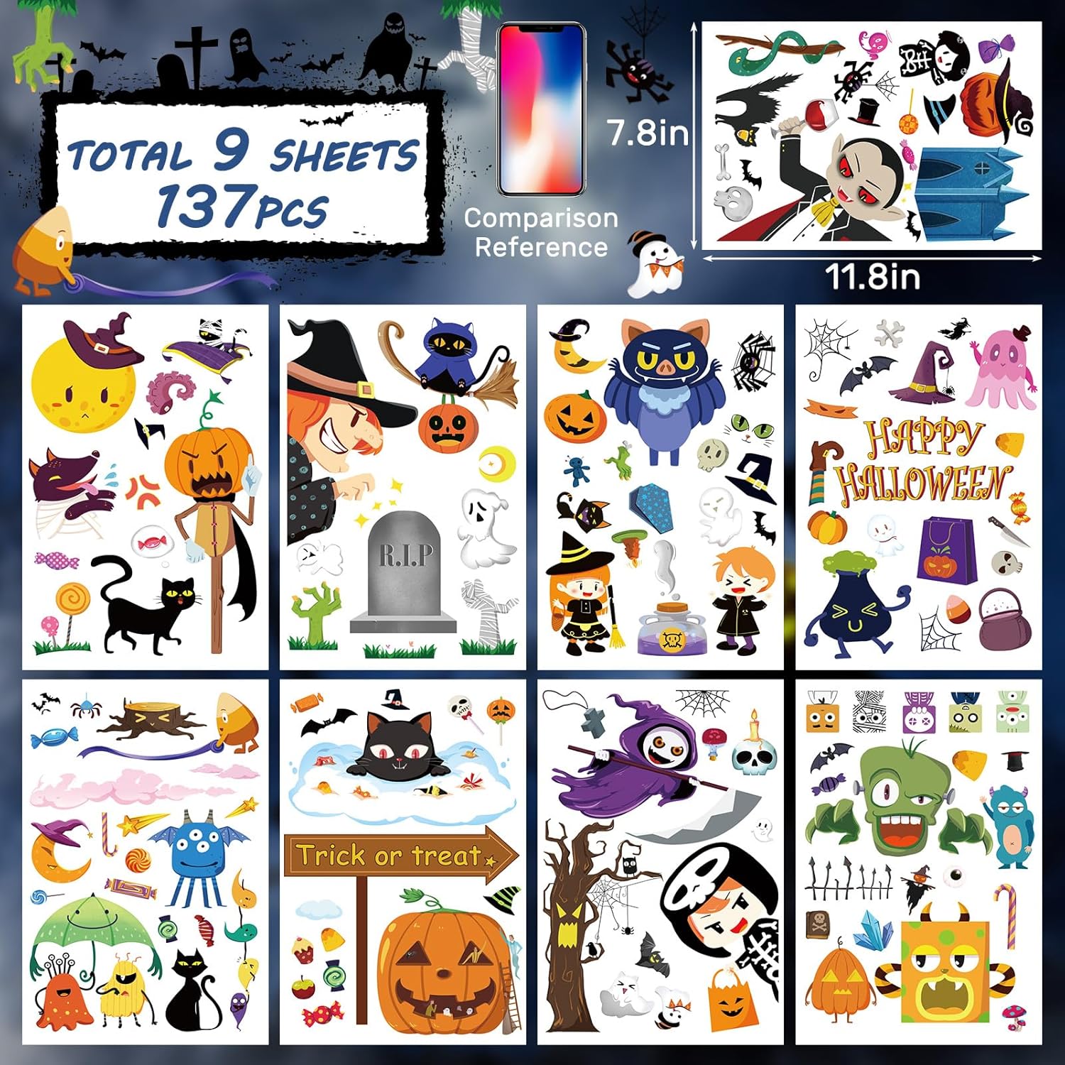 Adhesivos de Halloween para ventana, 9 hojas de decoración de ventana de Halloween, calcomanías de Halloween para ventana, lindo fantasma de