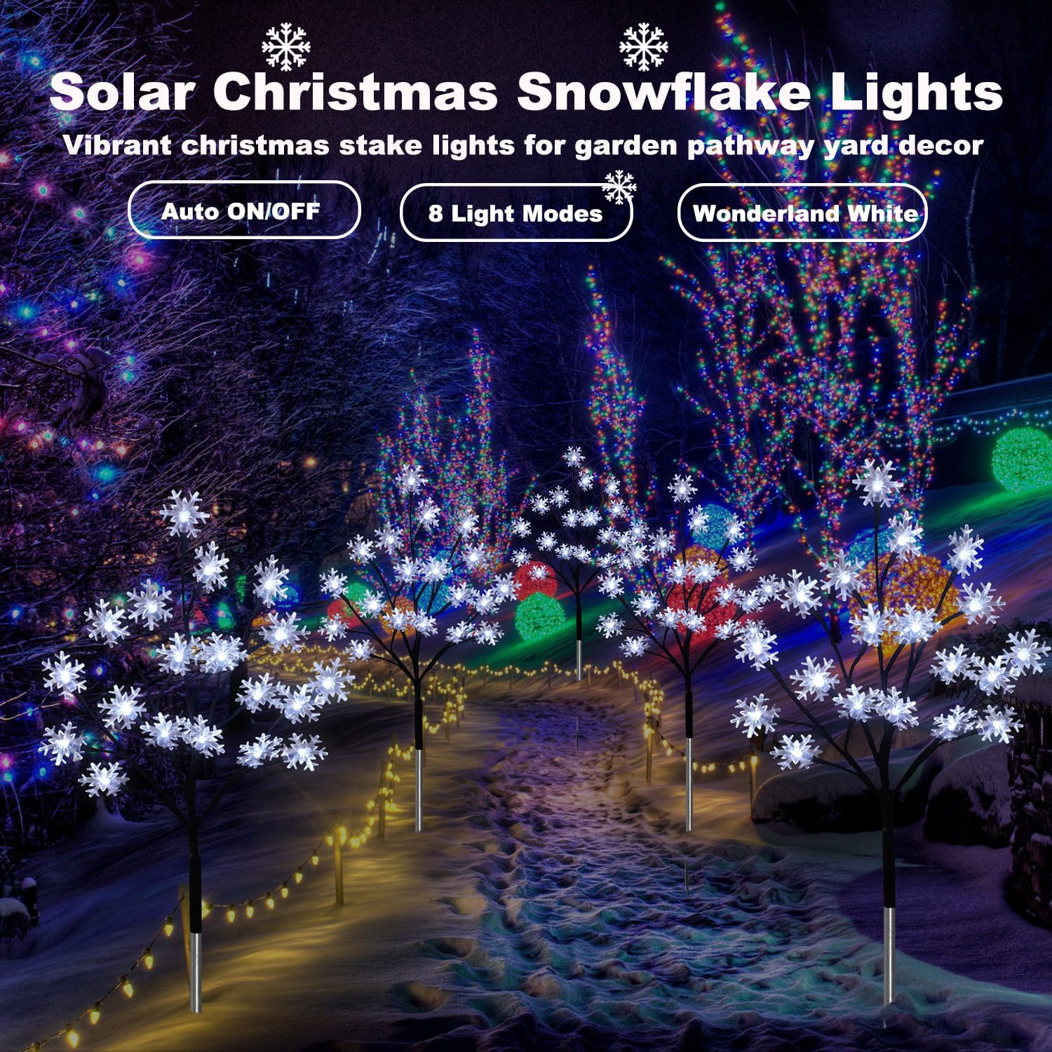 Paquete de 4 luces solares de 80 luces LED de copo de nieve de Navidad, 8 modos de luces solares de copo de nieve al aire libre, luces solares