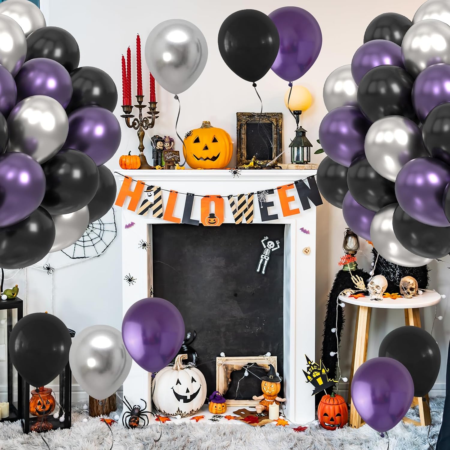FEYG Globos de Halloween de 12 pulgadas, 40 globos de metal negro, morado, plateado, látex, decoración de fiesta de Halloween, celebración de