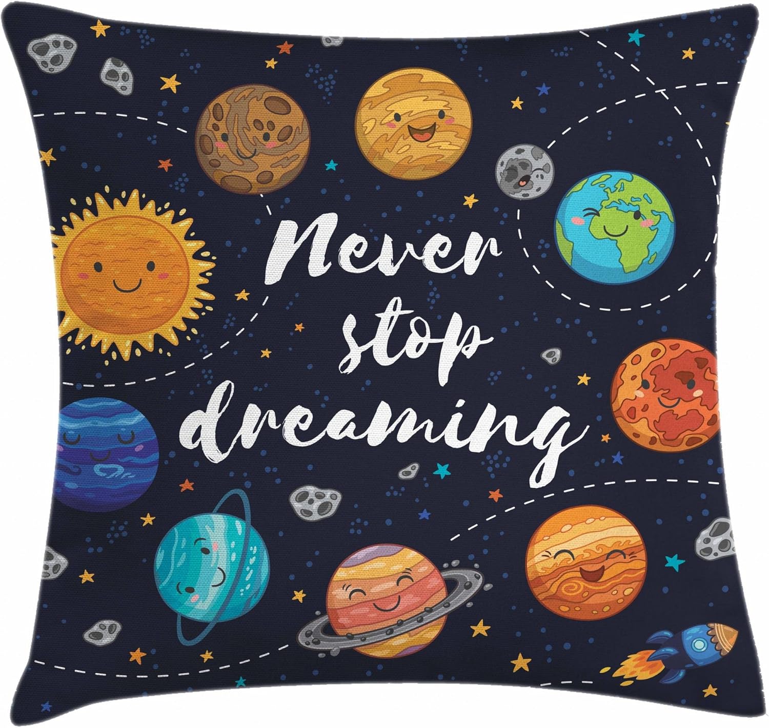 Ambesonne Funda de cojín con texto en inglés “Ssaying”, planetas del espacio exterior, sistema solar, luna, cometas, sol, cosmos, ilustración, funda