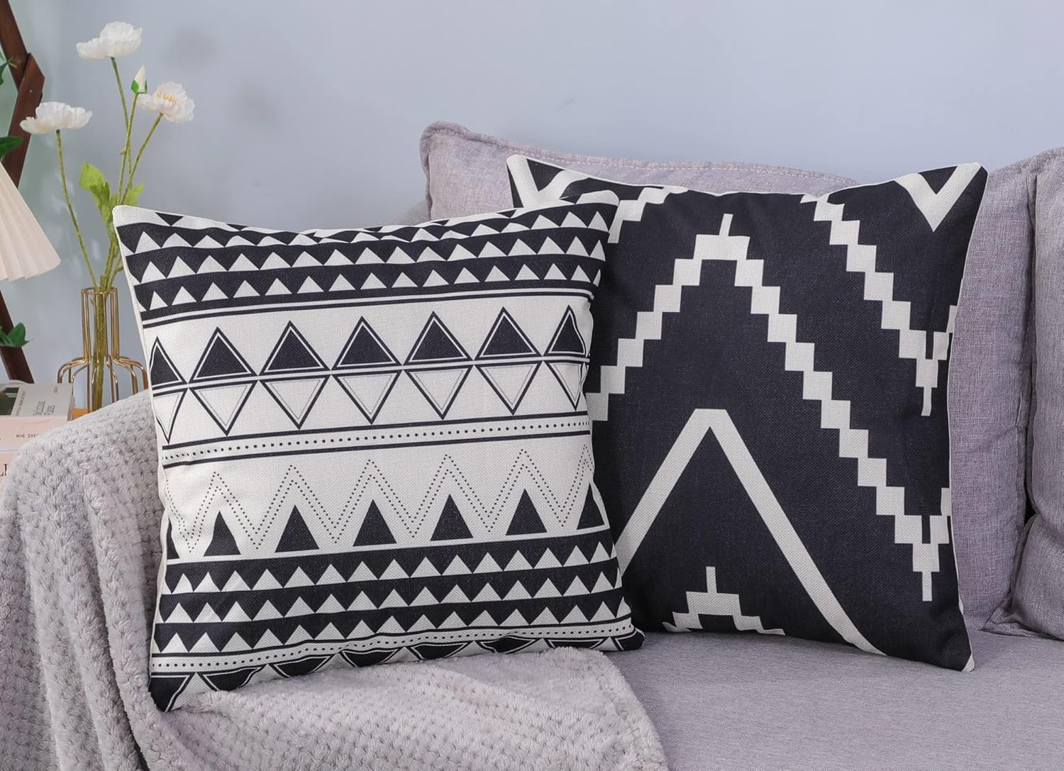 Juego de 4 fundas decorativas de 16 x 16 pulgadas para sofá, fundas cuadradas en blanco y negro para cojines de cama y decoración de sala de estar