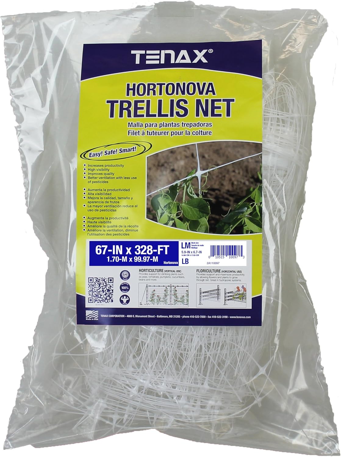 Tenax Hortonova Plant Trellis Net Lm, 67 pulgadas x 328 pies, color blanco
