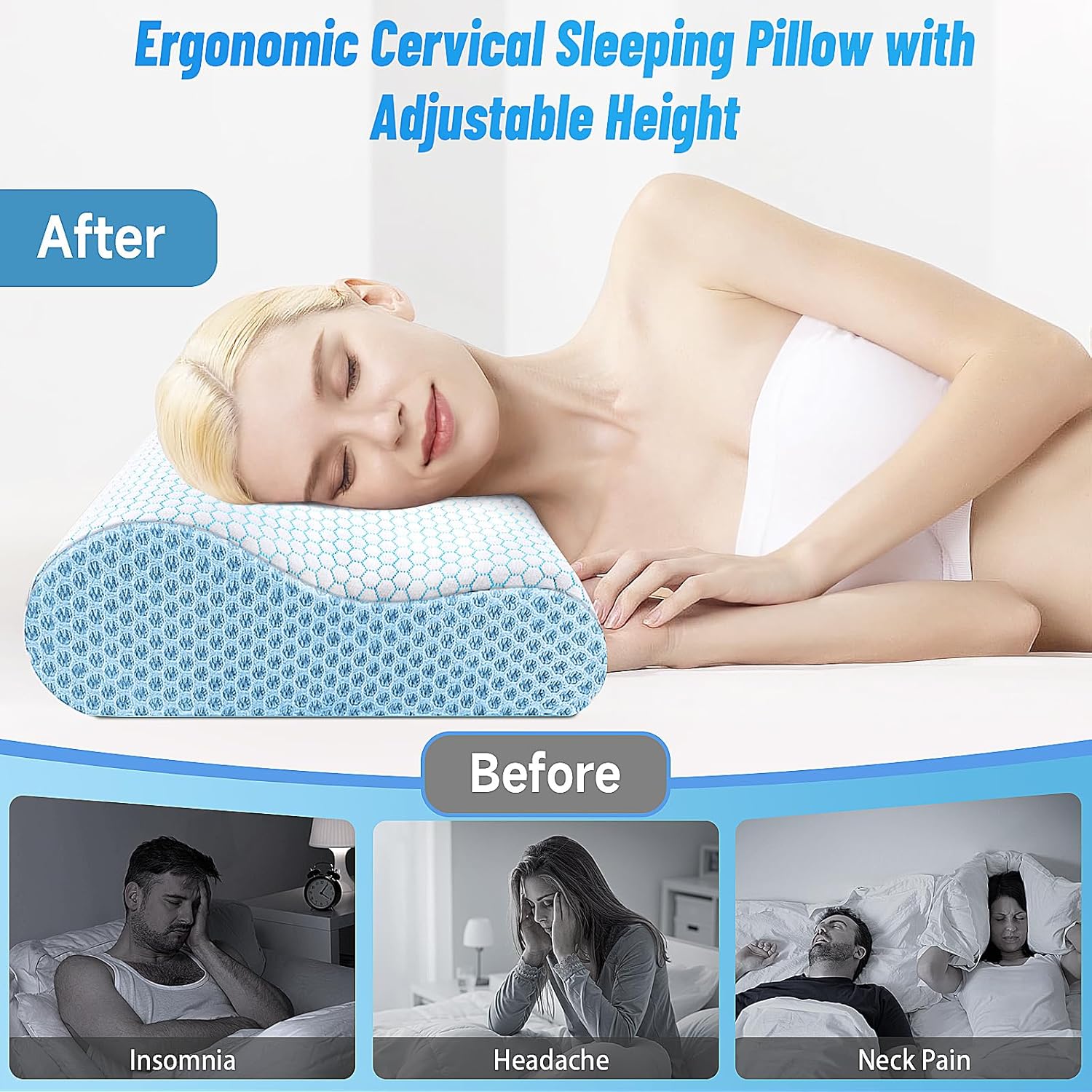 CloudBliss Almohada cervical ergonómica para dormir, almohada cervical cervical para aliviar el dolor de cuello, almohada de espuma viscoelástica