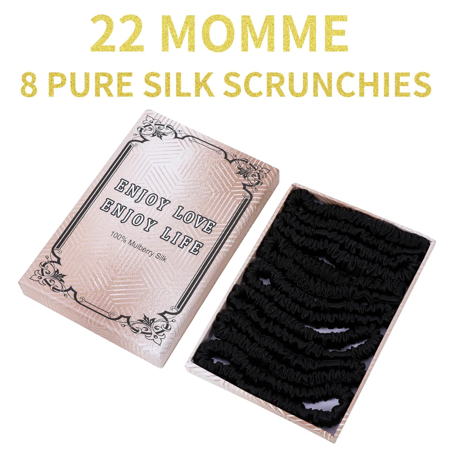 Juego de 8 piezas de coleteros de seda de morera 100% pura para mujeres y niñas, cabello rizado, grueso, fino, negro, lindo satén para dormir,