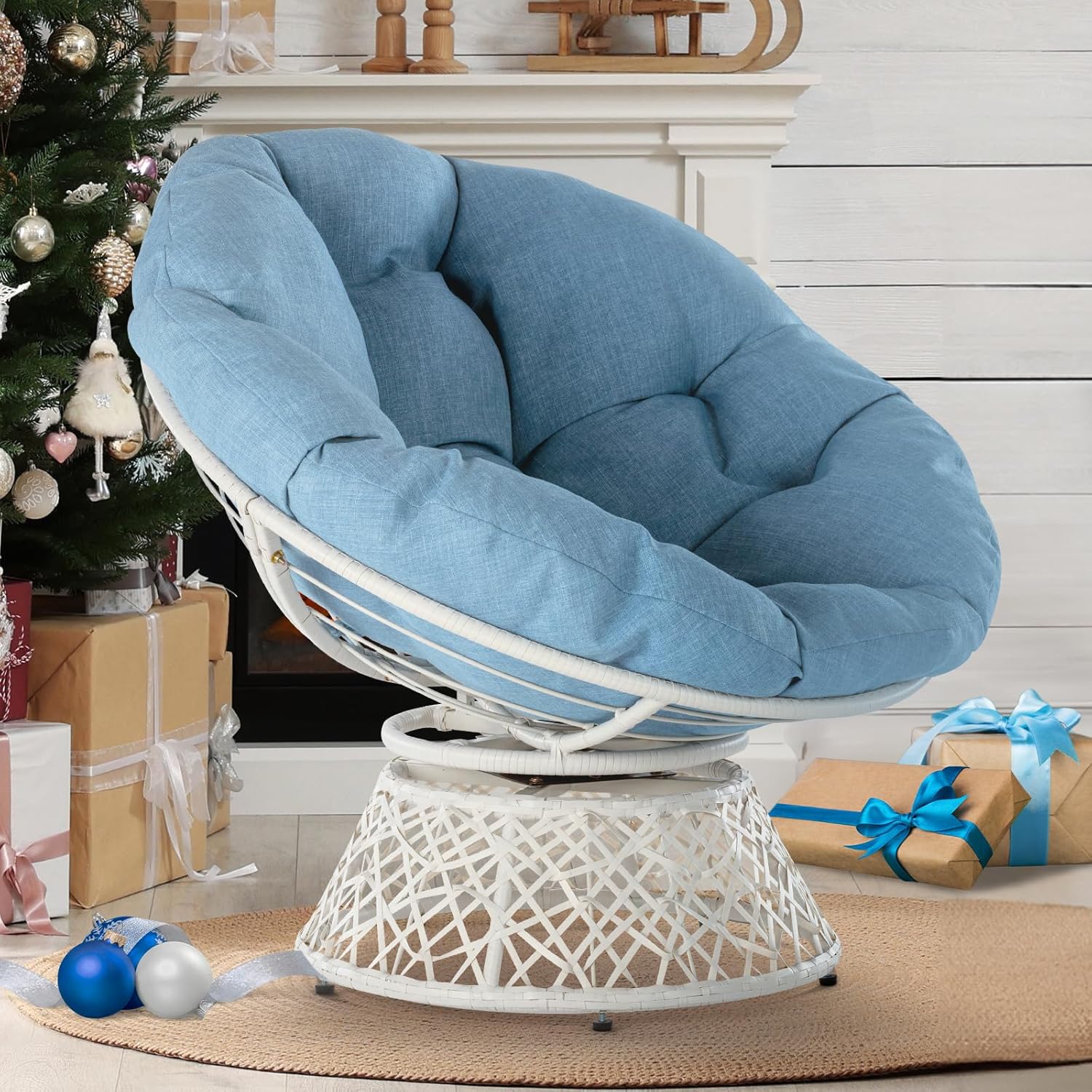 Bme Silla Papasan ergonómica de mimbre con cojín de tela de densidad gruesa suave, marco de acero de alta capacidad, giro de 360 grados para sala,