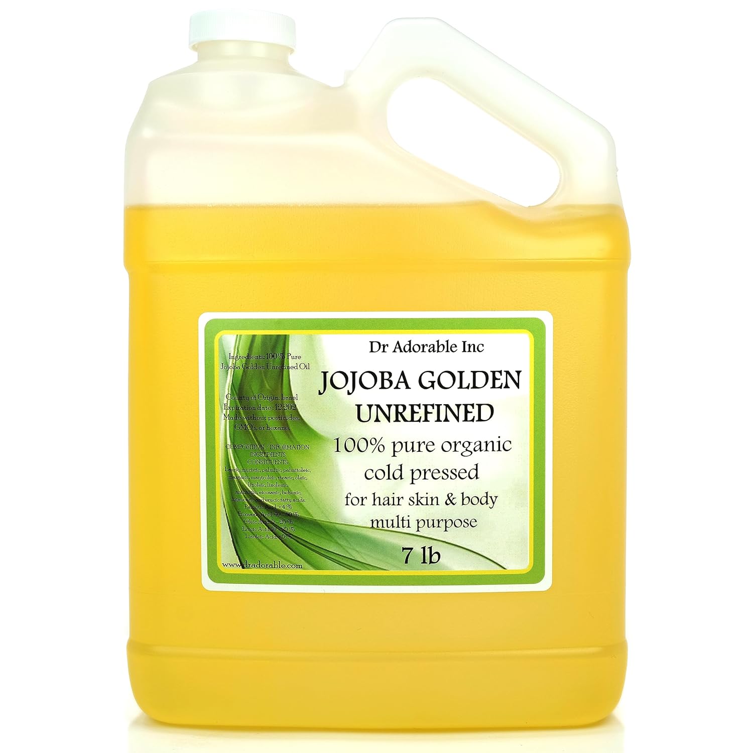 Dr Adorable Aceite de jojoba dorado orgánico 100% puro, 128 onzas, un galón, 7 libras