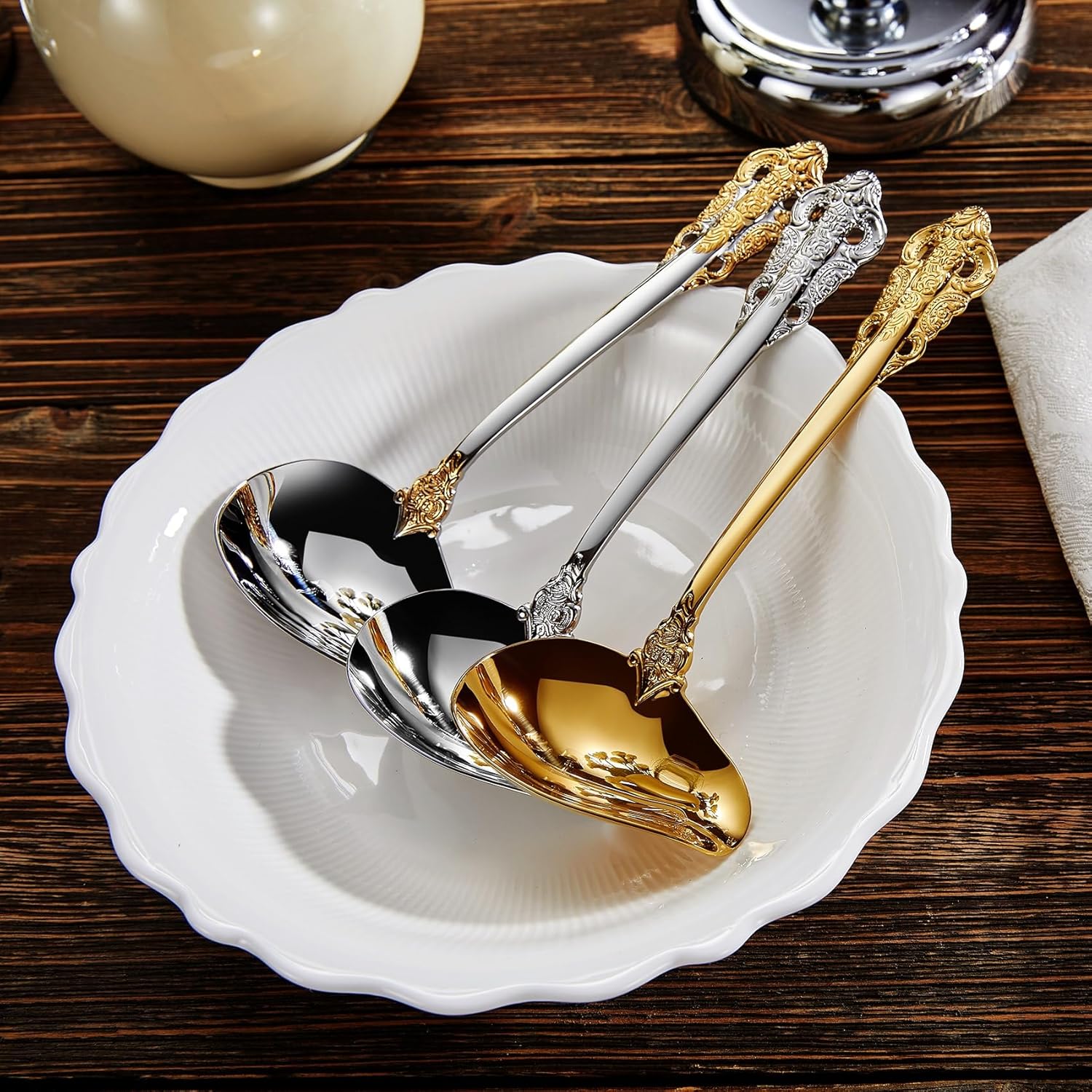 KEAWELL Cucharón de salsa de lujo de 7.2 pulgadas, acero inoxidable 1810, acento dorado, cuchara pequeña para salsa para el hogar. Sólido y
