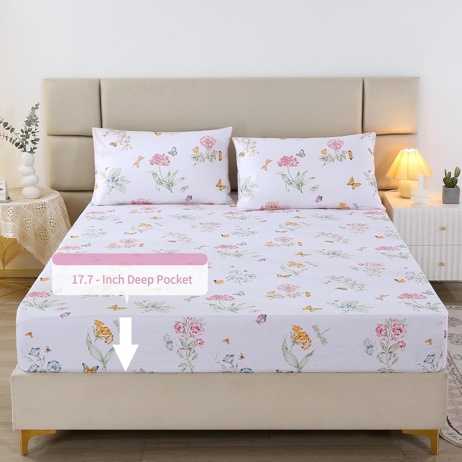 RYNGHIPY Juego de sábanas de algodón egipcio, tamaño King, diseño de flores botánicas de jardín, mariposas, con fundas de almohada, ultra suaves y