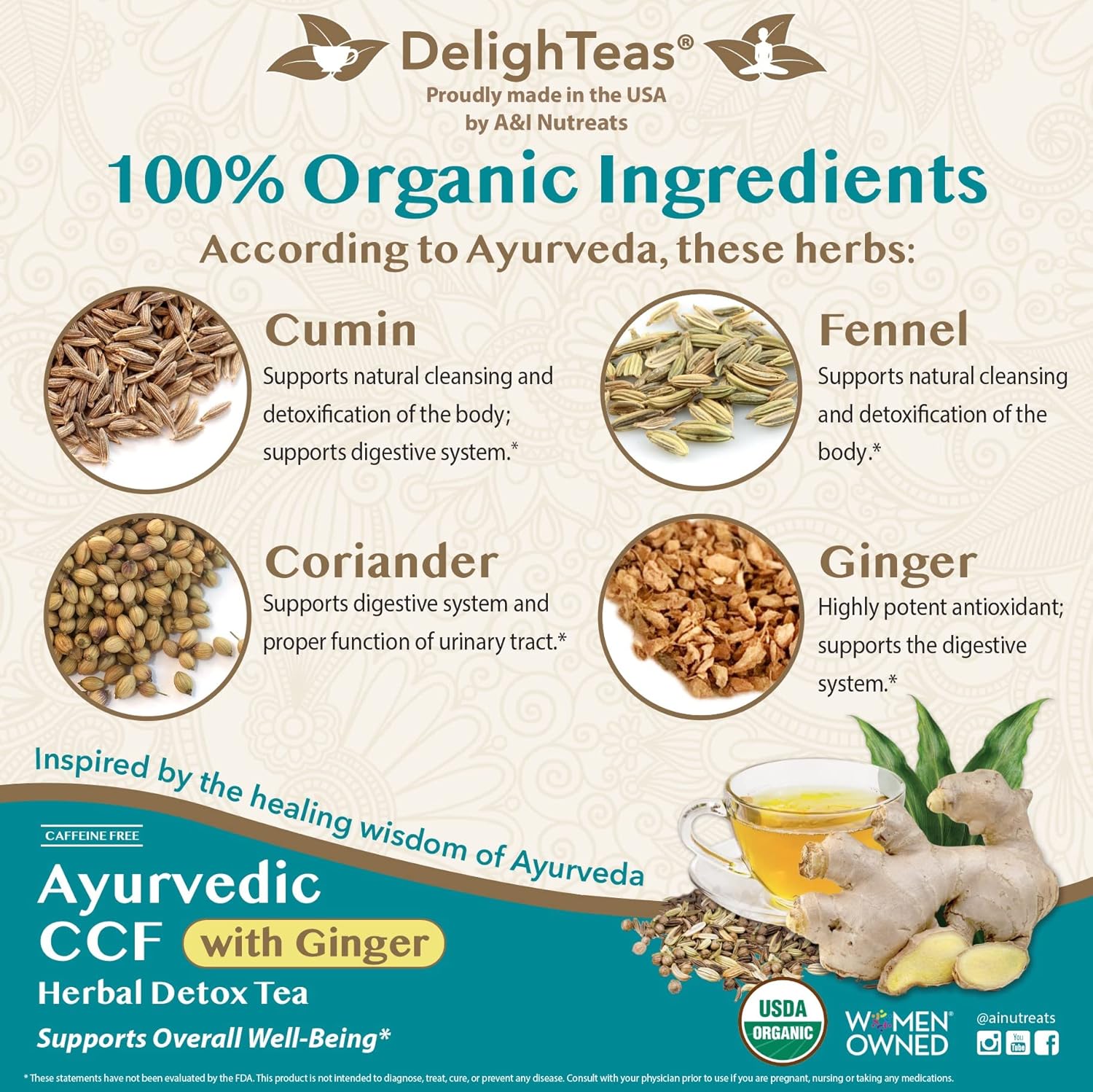 DelighTeas Té de jengibre orgánico Detox CCF  Recambio de bolsas de té piramidal ecológicas  Comino ayurvédico, cilantro, té de jengibre de hinojo