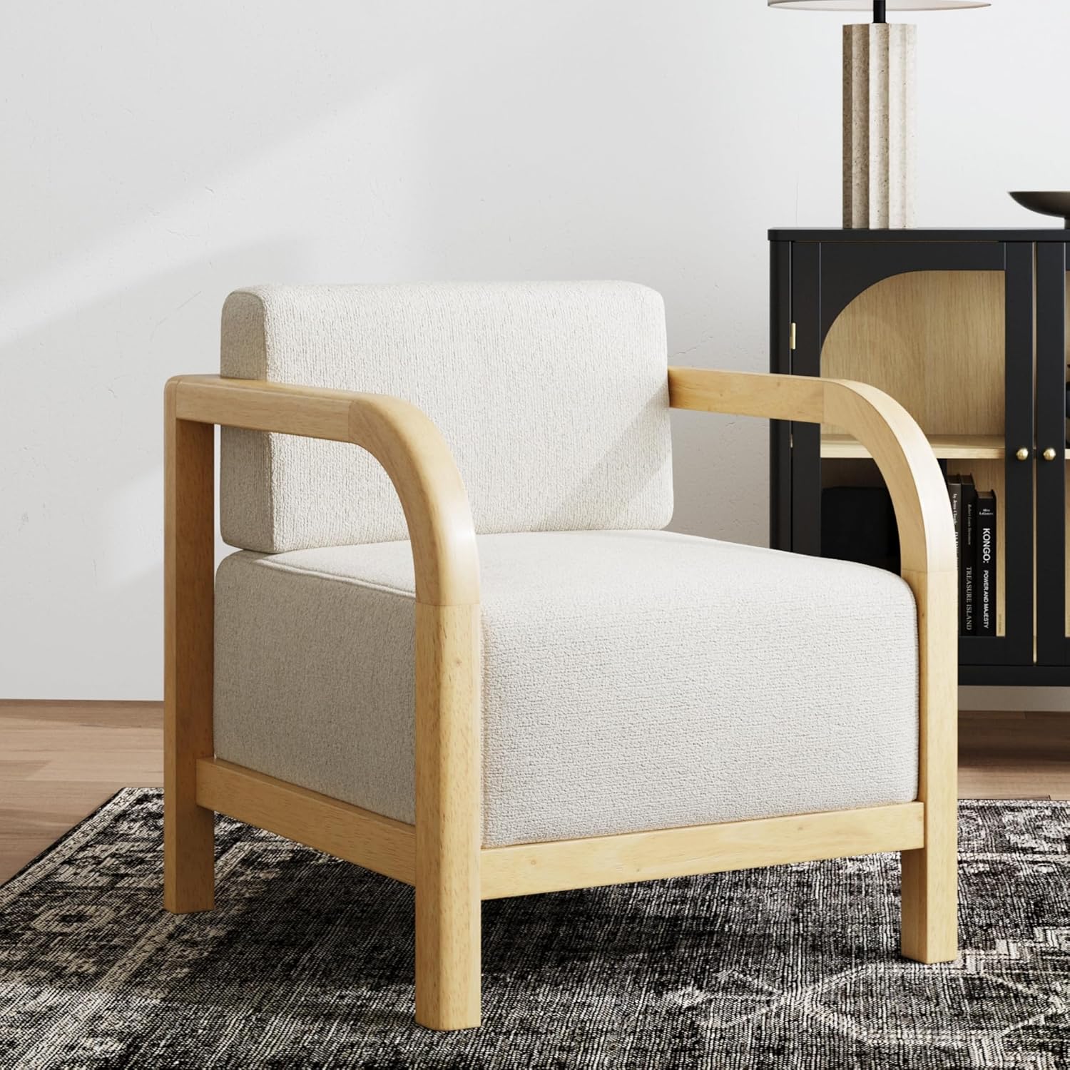Nathan James Jayden – Silla escandinava decorativa, silla de dormitorio tapizada de lino con marco de madera maciza y asiento acolchado de felpa,