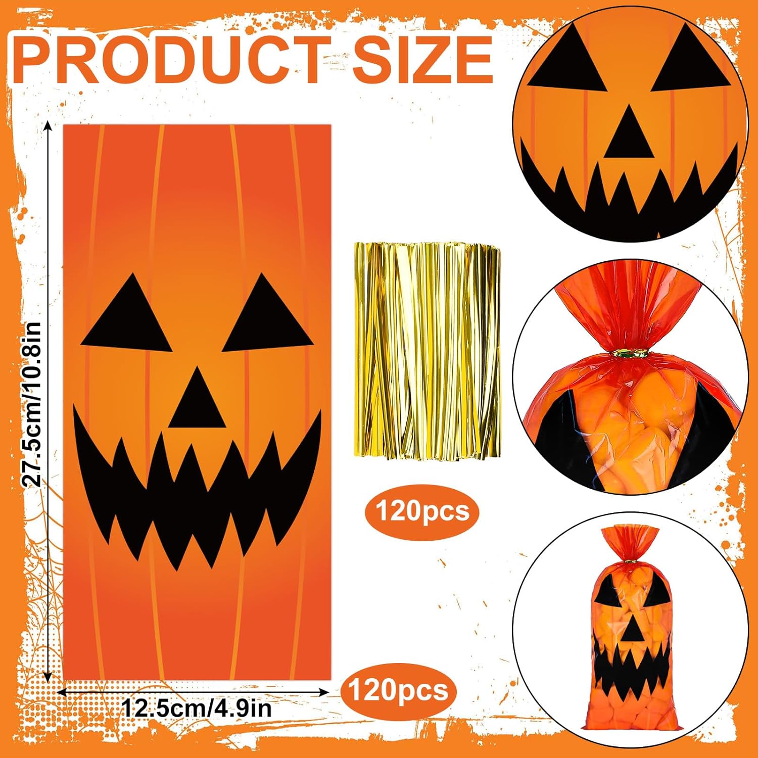 Whaline 120 bolsas de celofán de calabaza de Halloween con 120 lazos dorados, bolsas de dulces para dulce o truco, bolsas de regalo de palomitas de
