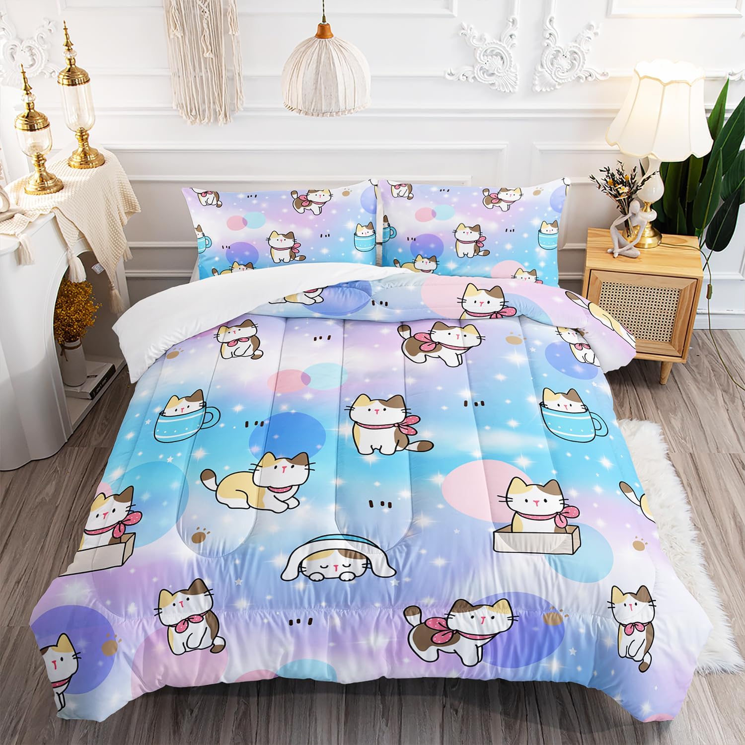 Juego de edredón para niños, tamaño matrimonial, 3 piezas, colorido arco iris con purpurina y estrellas, juego de ropa de cama con diseño de pata de