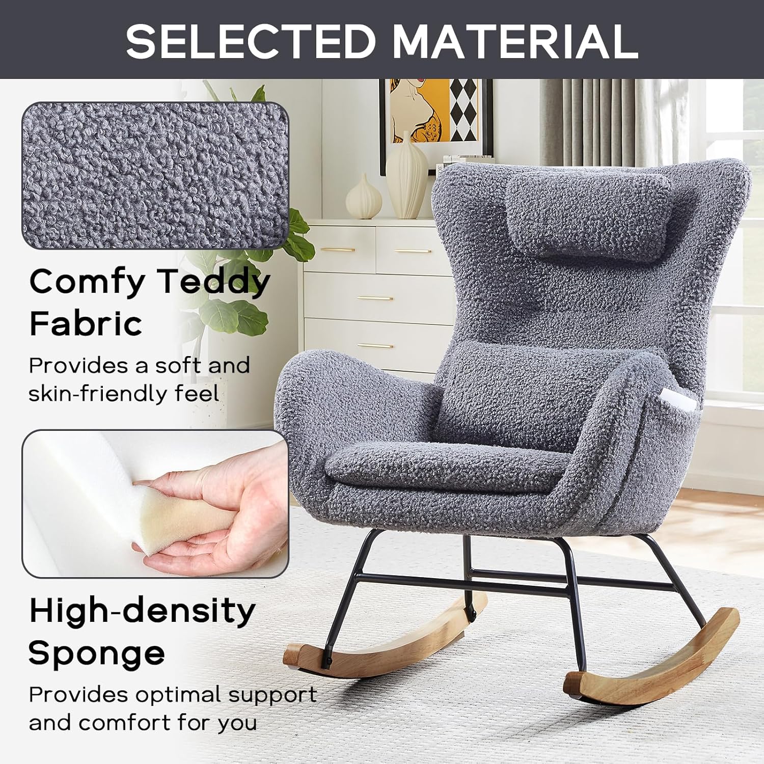 NIOIIKIT Mecedora para guardería, mecedora tapizada de peluche con reposacabezas y almohada lumbar, respaldo alto con bolsillo lateral, cómodo