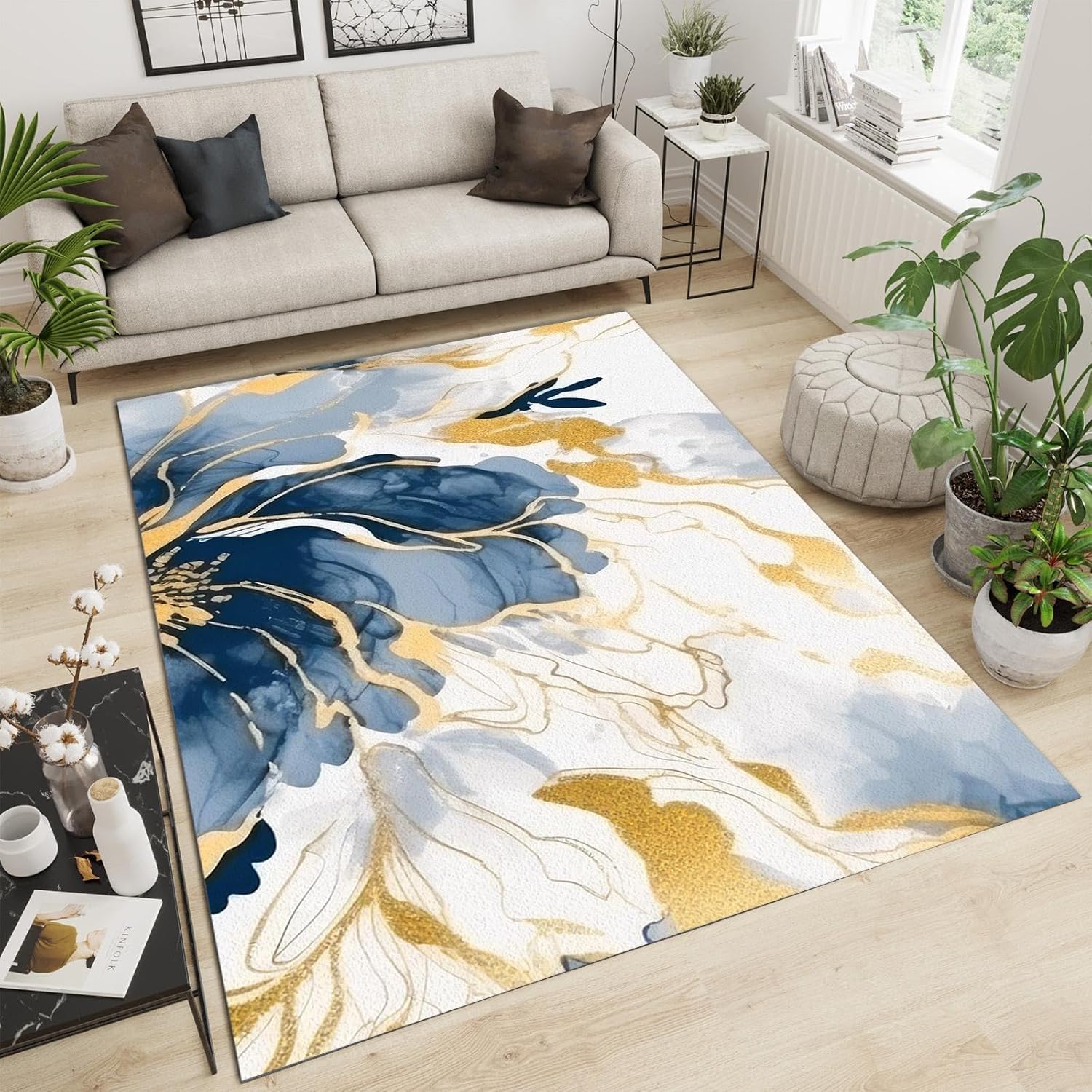 Alfombras ligeras de lujo con diseño floral de hilo dorado, fondo en capas azules y blancas, con cancelación de ruido, lavables, suaves y cómodas
