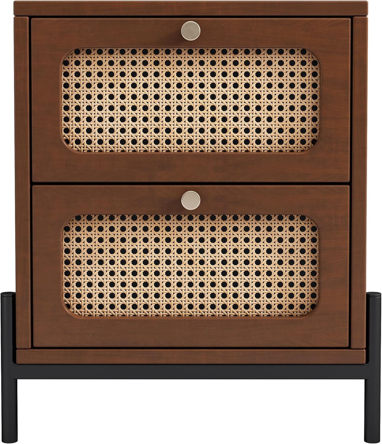 Mesita de noche de 2 cajones, moderna mesa auxiliar de madera de ratán con 2 cajones, armario de almacenamiento de madera pequeño para dormitorio,