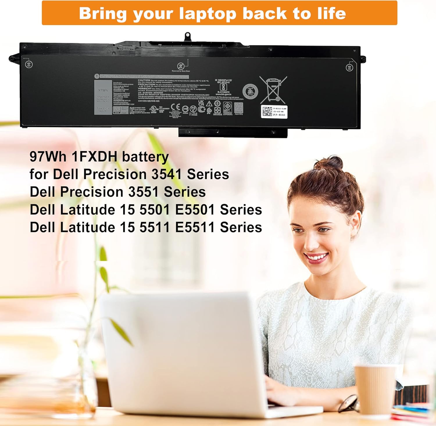 1FXDH 1WJT0 – Batería para portátil Dell Precision 3541 3551 Latitude 15 5501 5511 E5501 E5511 Series 01WJT0 D191G 0D191G CN-0D191G 11.4V 97Wh