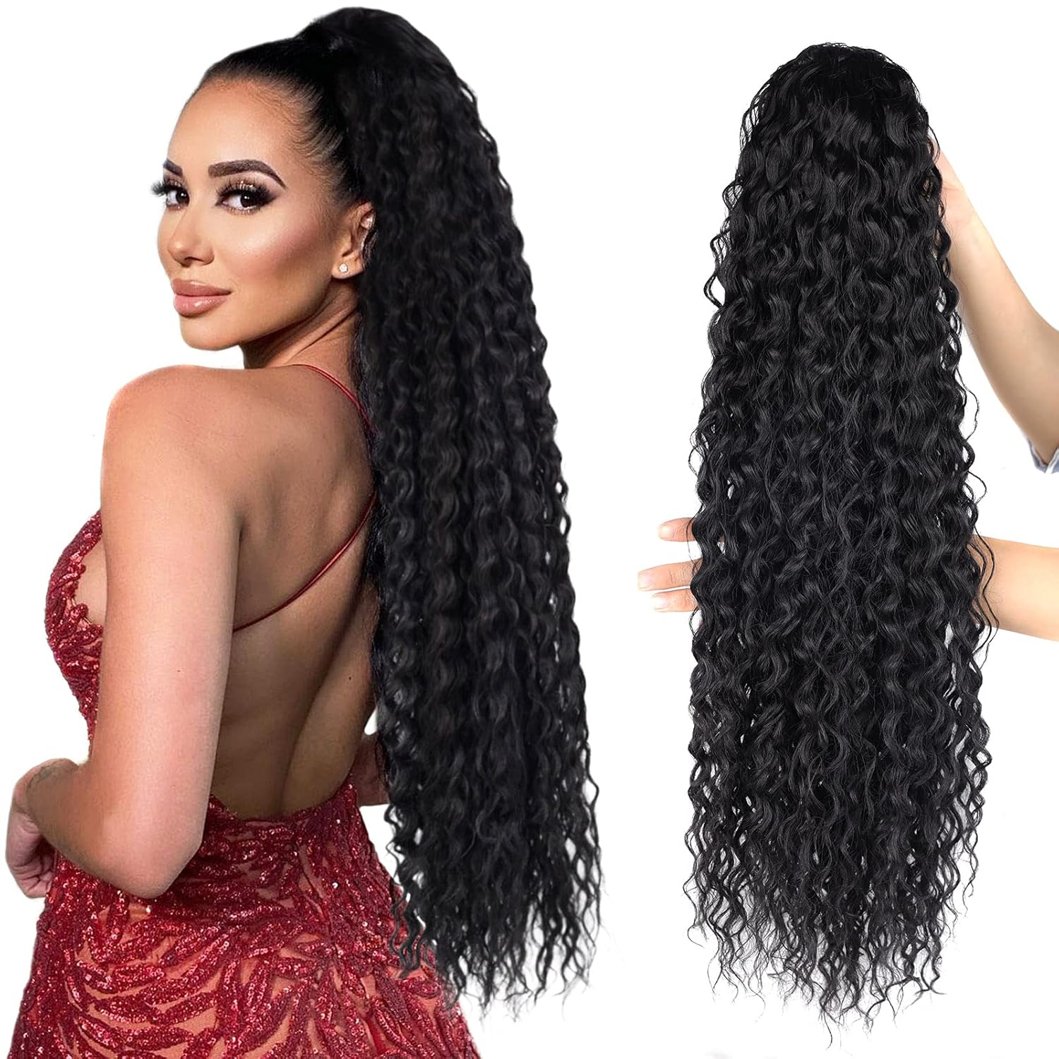 Extensión de cola de caballo larga y rizada con cordón de 24 pulgadas, extensiones de cola de caballo sintética con clip para mujeres negras (1#)