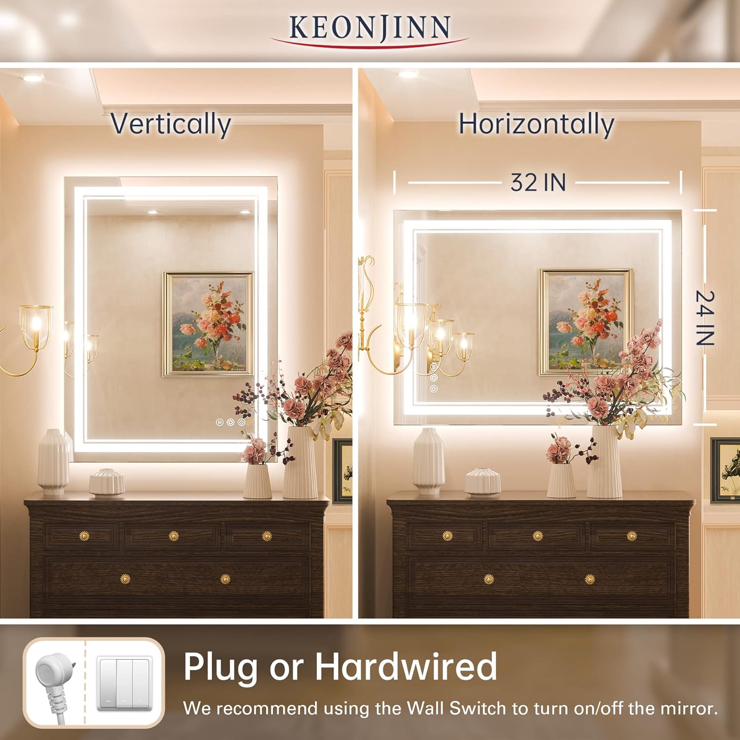 Keonjinn Espejo de baño LED de 24 x 32 pulgadas con luz frontal y retroiluminada, 3 colores de temperatura y espejo de tocador regulable con luces,
