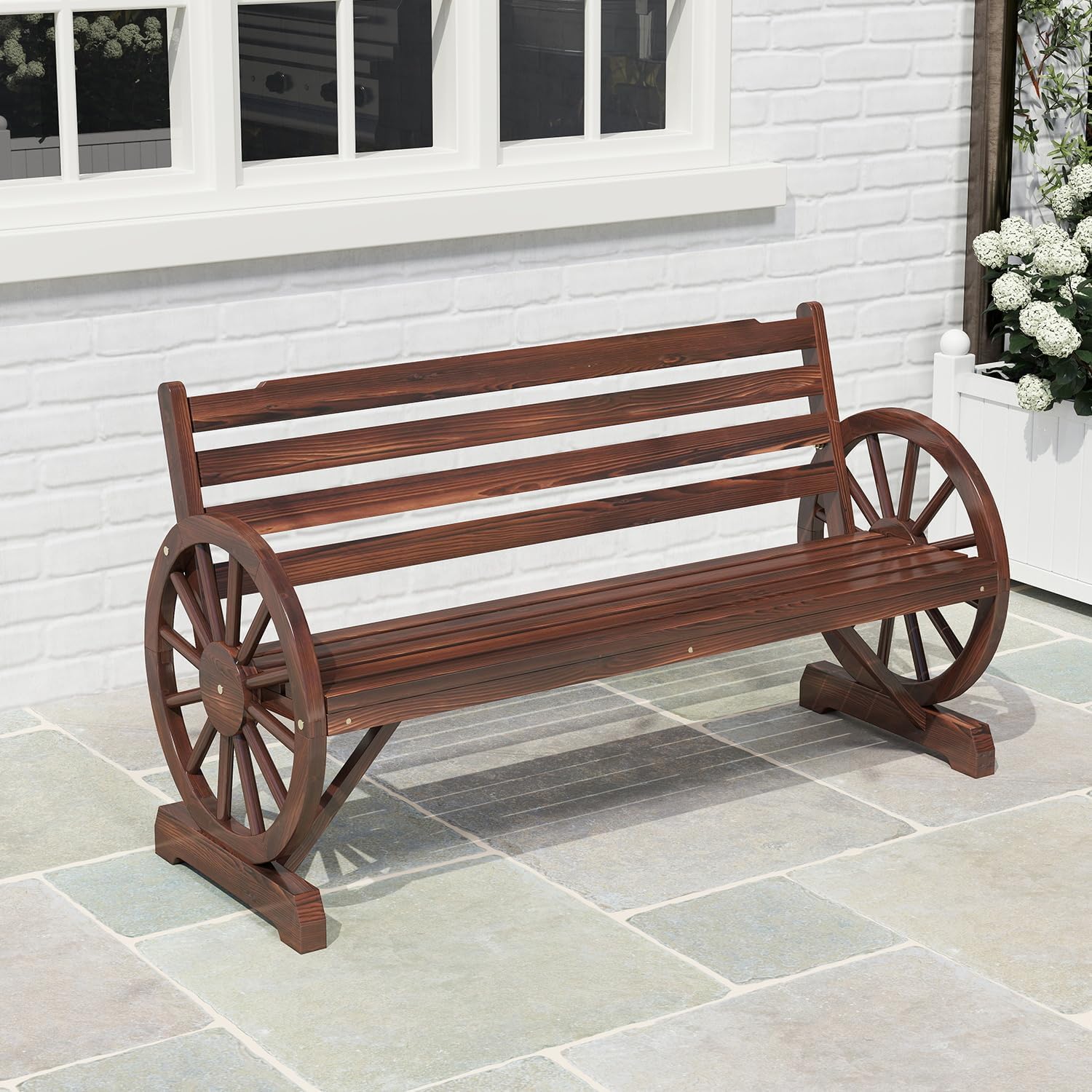 kinbor Banco rústico de madera de 55 pulgadas, asiento de banco para exteriores, banco para 2 personas con respaldo