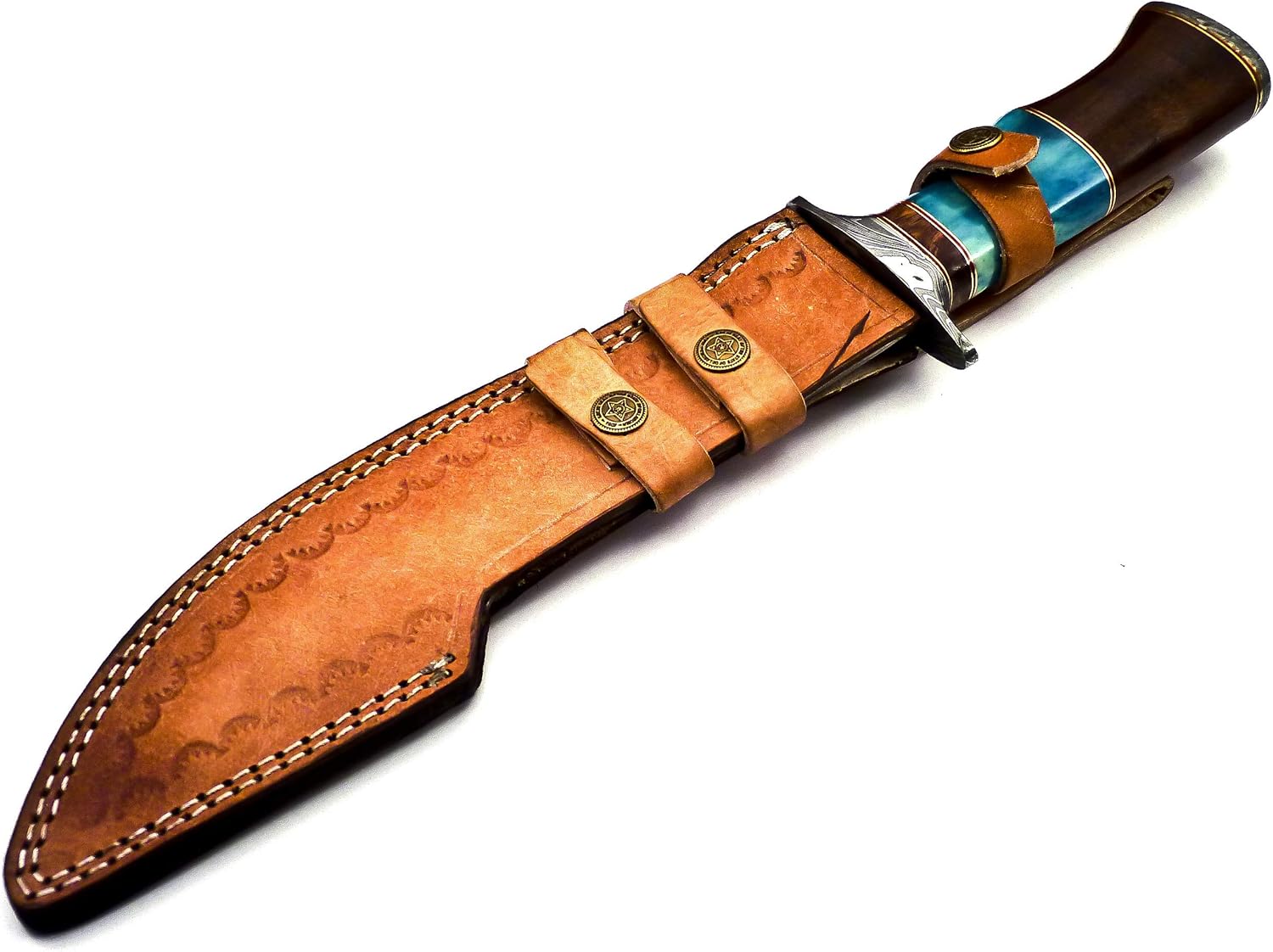 BK-41 – Cuchillo Bowie de acero de Damasco hecho a mano de 15 pulgadas, madera de Marindi maciza y mango de hueso de cuerno de toro con funda de