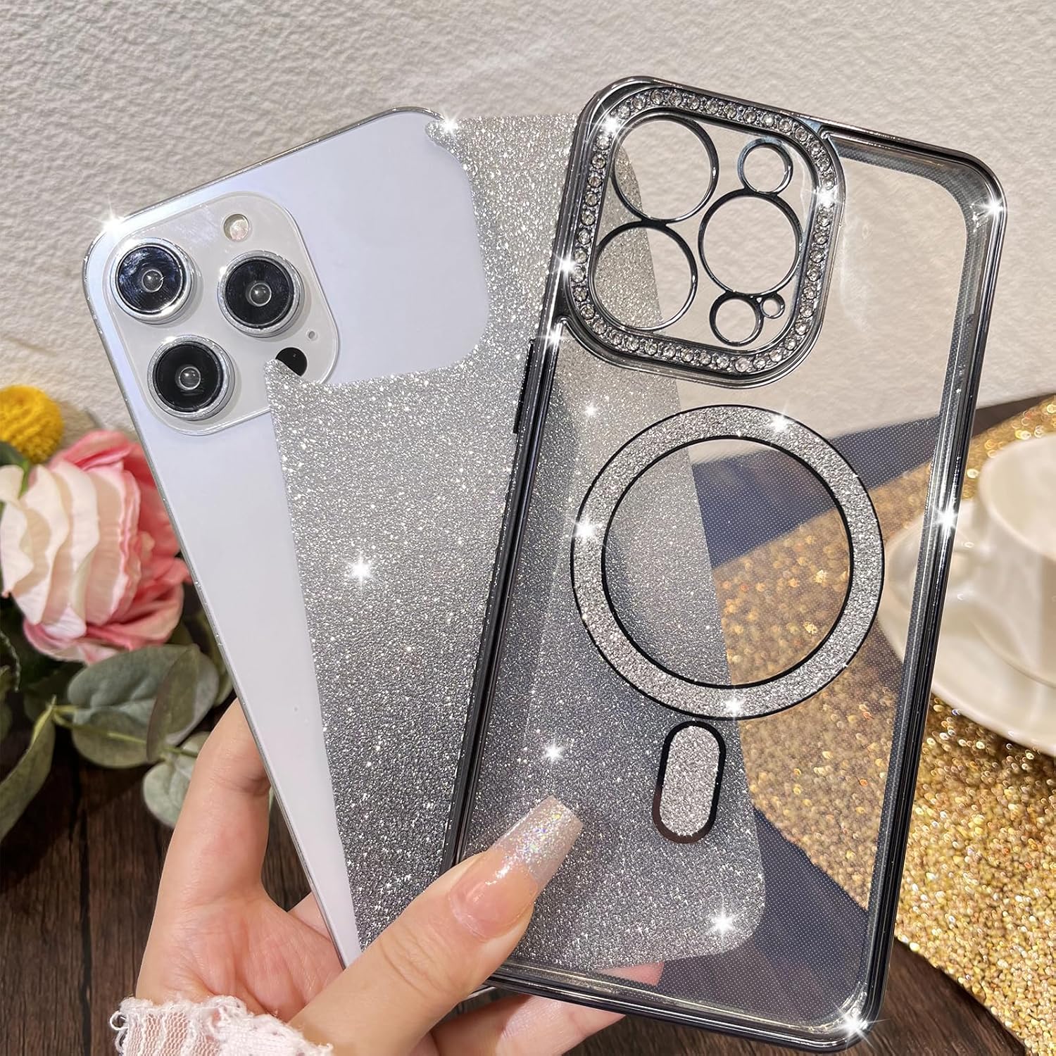 KANGHAR Funda magnética con purpurina degradada para iPhone 15 Pro Max de 6.7 pulgadas, funda de lujo chapada en diamantes de imitación, suave TPU