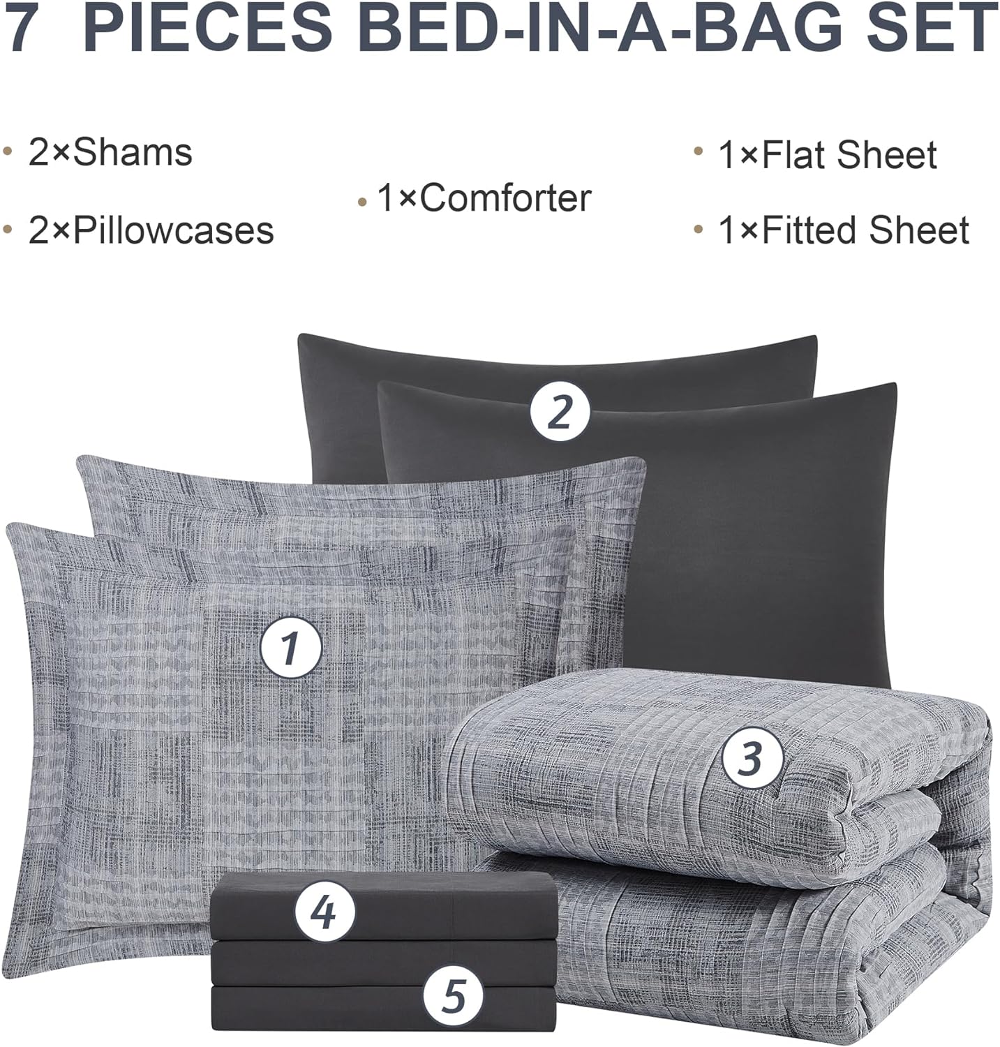 MaiRêve Juego de edredón tamaño matrimonial color gris carbón, diseño texturizado gris arrugado, cama en una bolsa, tamaño matrimonial, juego de