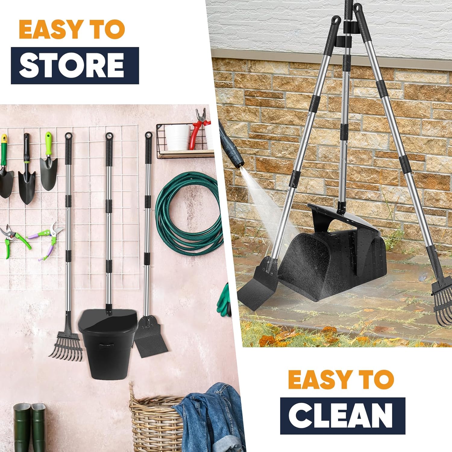 Recogedor de excremento de perro inodoro con cubo giratorio, rastrillo y pala, kit de recogedor de excrementos de perro para patio con accesorio de