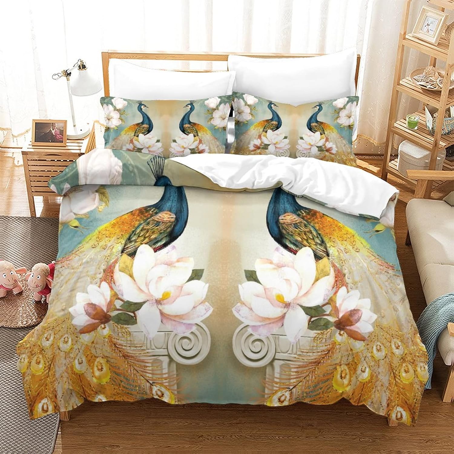 Funda de edredón dorada con estampado de pavo real de jardín, diseño de doble cara, azul pavo real, ropa de cama de tres piezas con cremallera