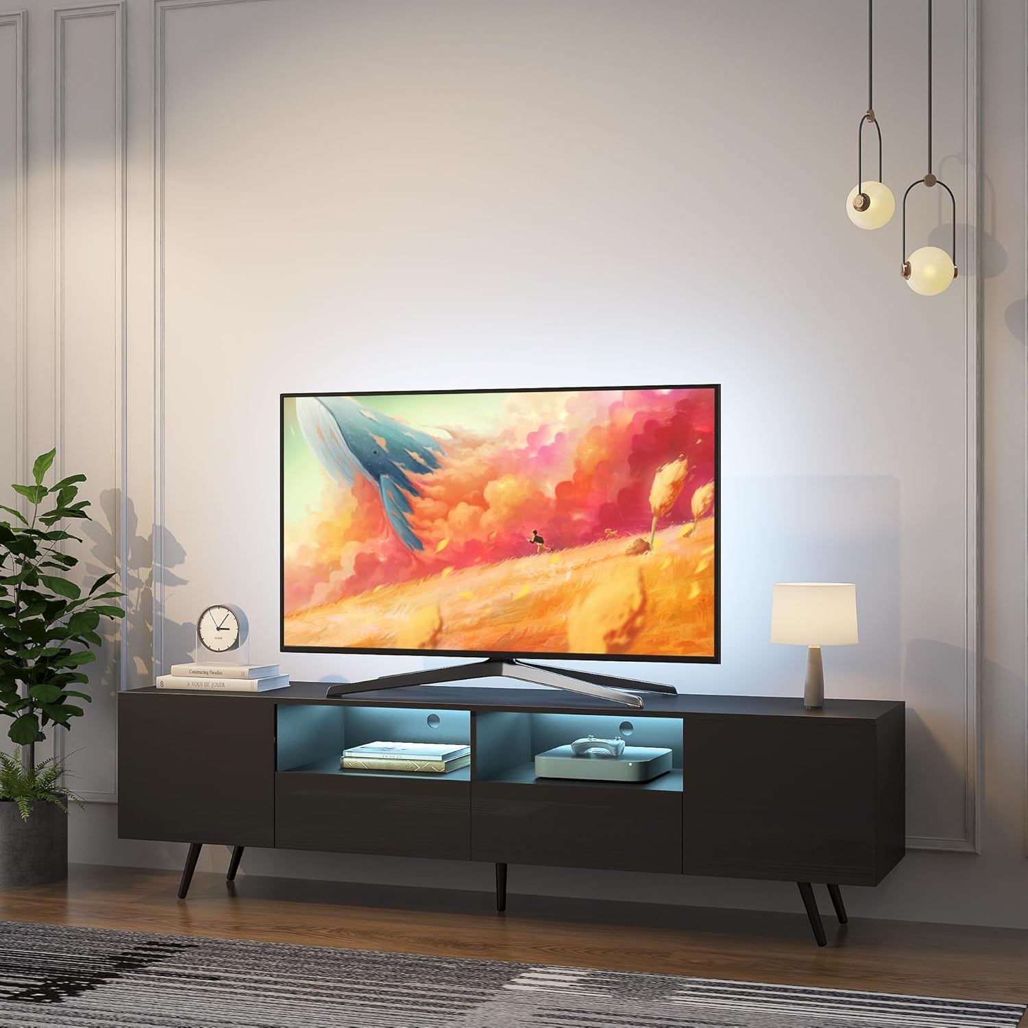 Moderno soporte de TV LED para TV de hasta 55, 60, 65 pulgadas, centro de entretenimiento de alto brillo con cajón y estantes abiertos, gabinete de