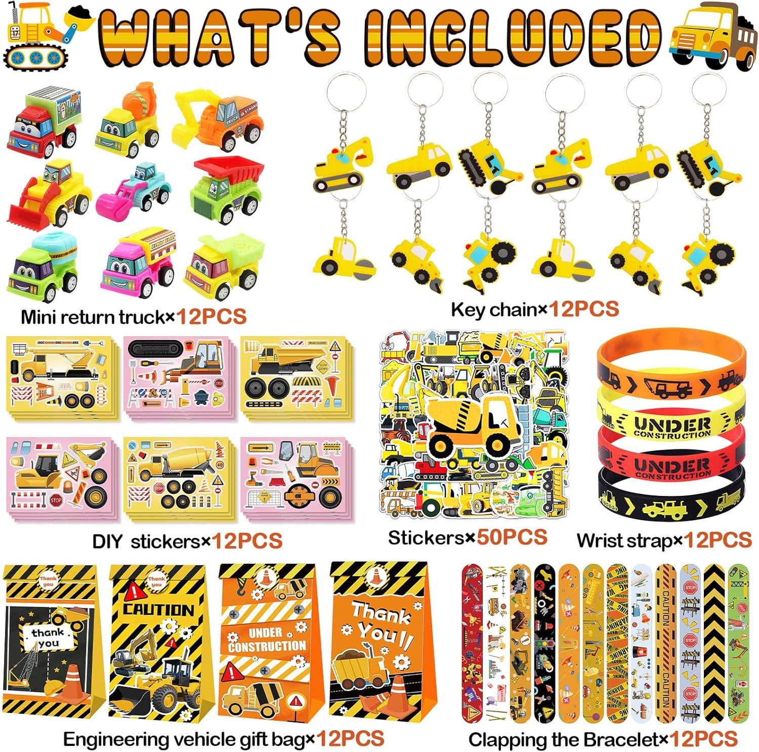 Recuerdos de fiesta de construcción, 122 piezas de bolsas de excavadora para excavadora, haz tus propias calcomanías de construcción, pulsera,